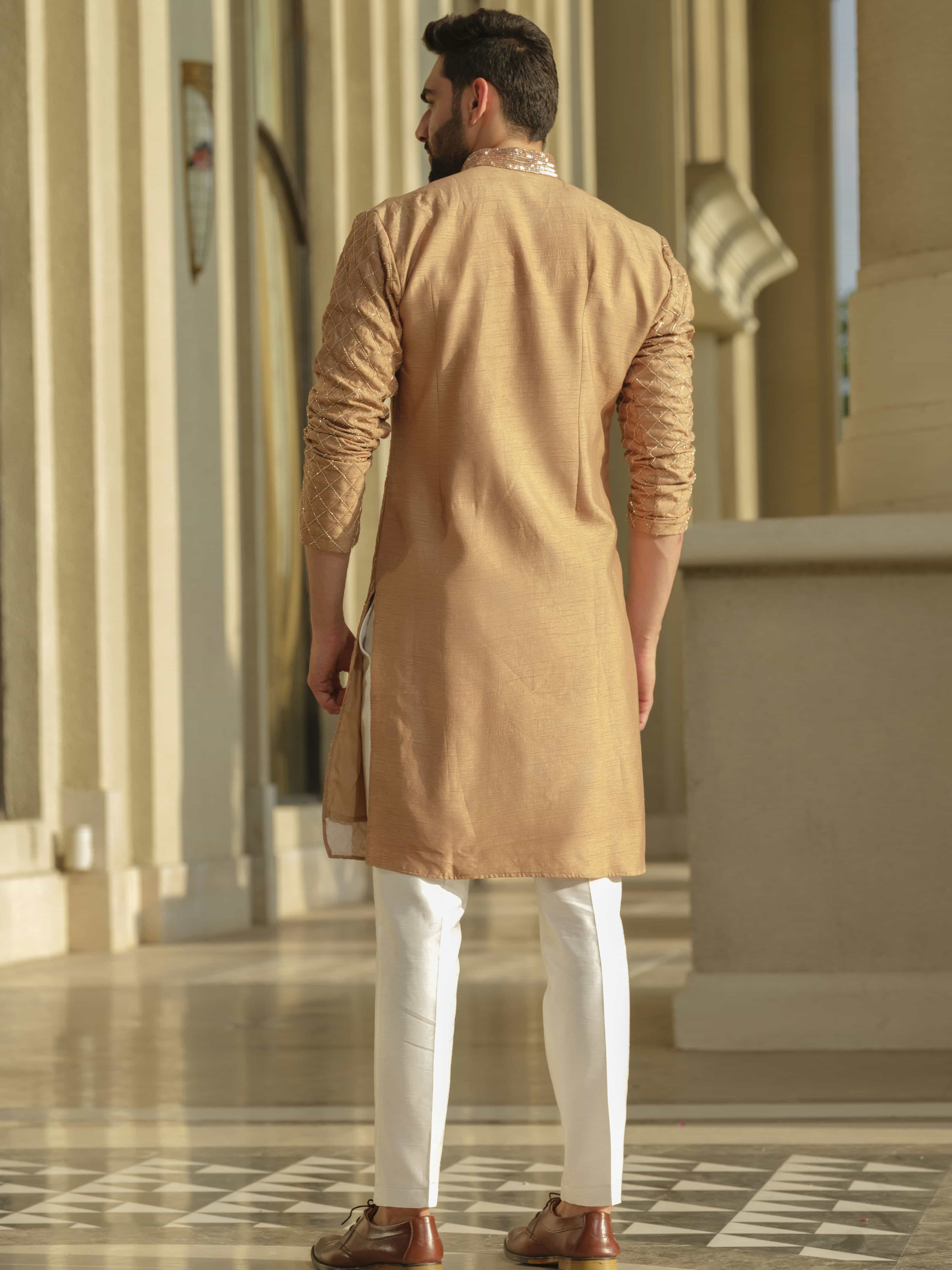 Beige Silk Embroidered Kurta Set
