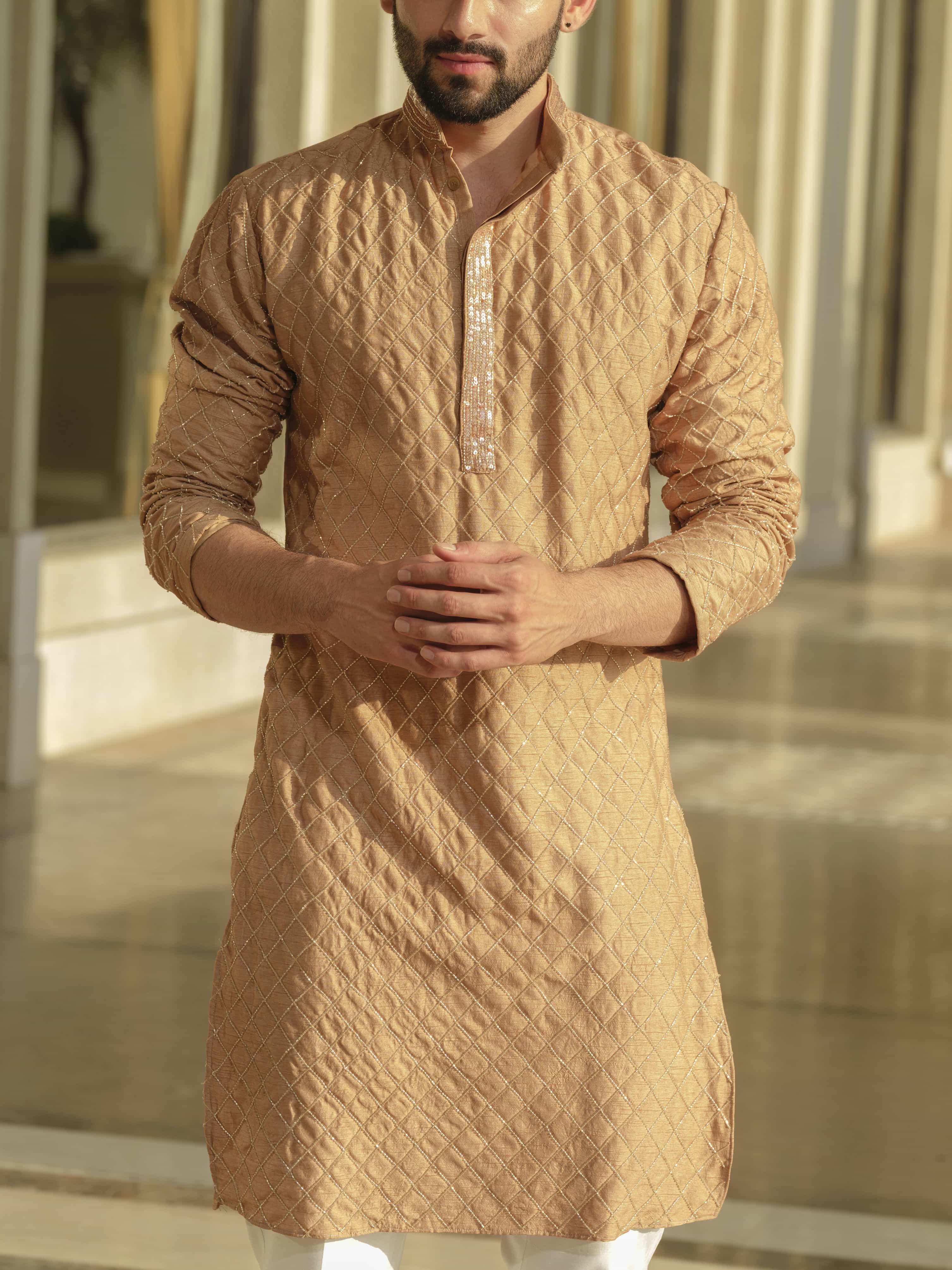 Beige Silk Embroidered Kurta Set