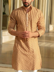 Beige Silk Embroidered Kurta Set