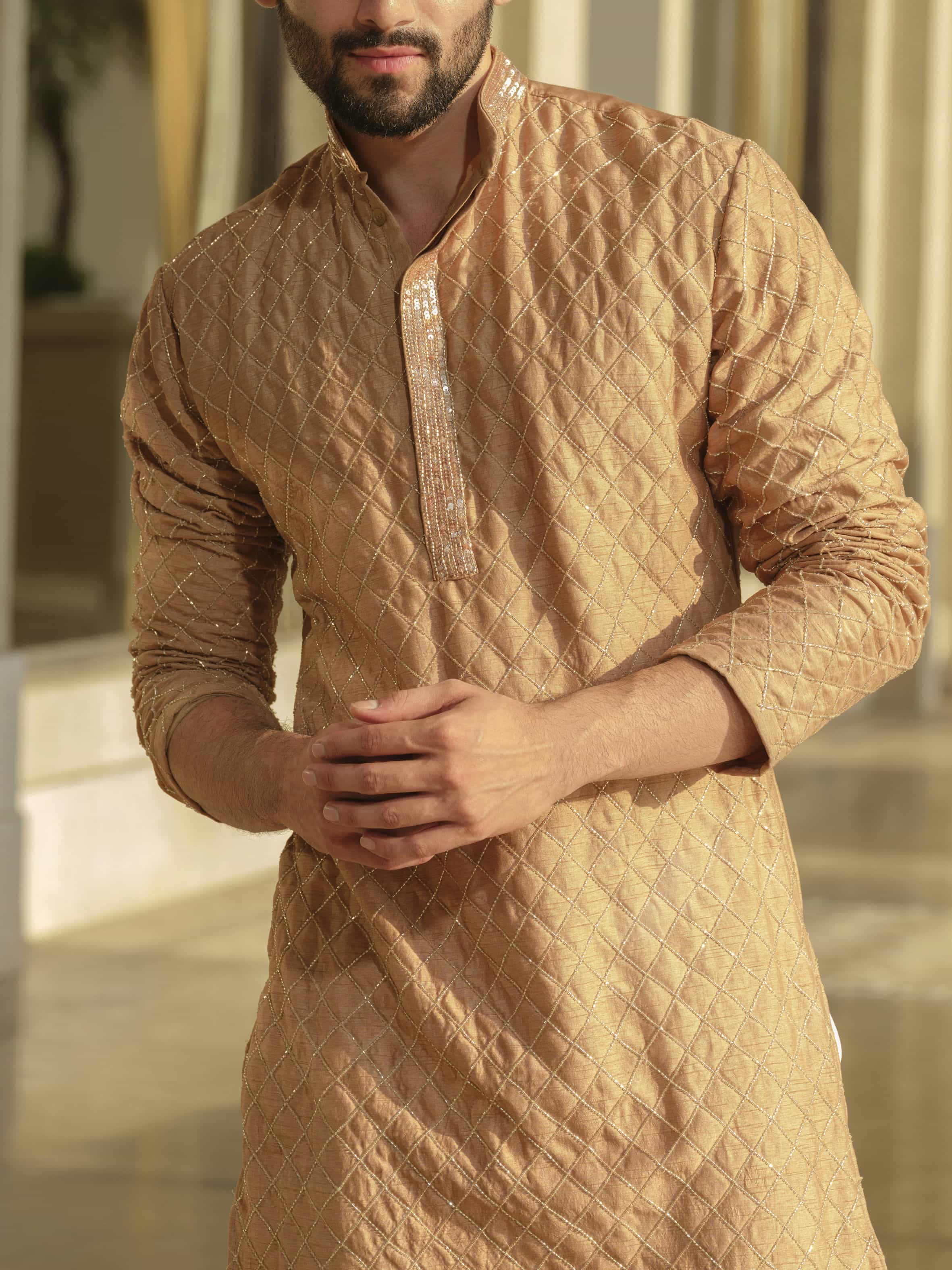 Beige Silk Embroidered Kurta Set