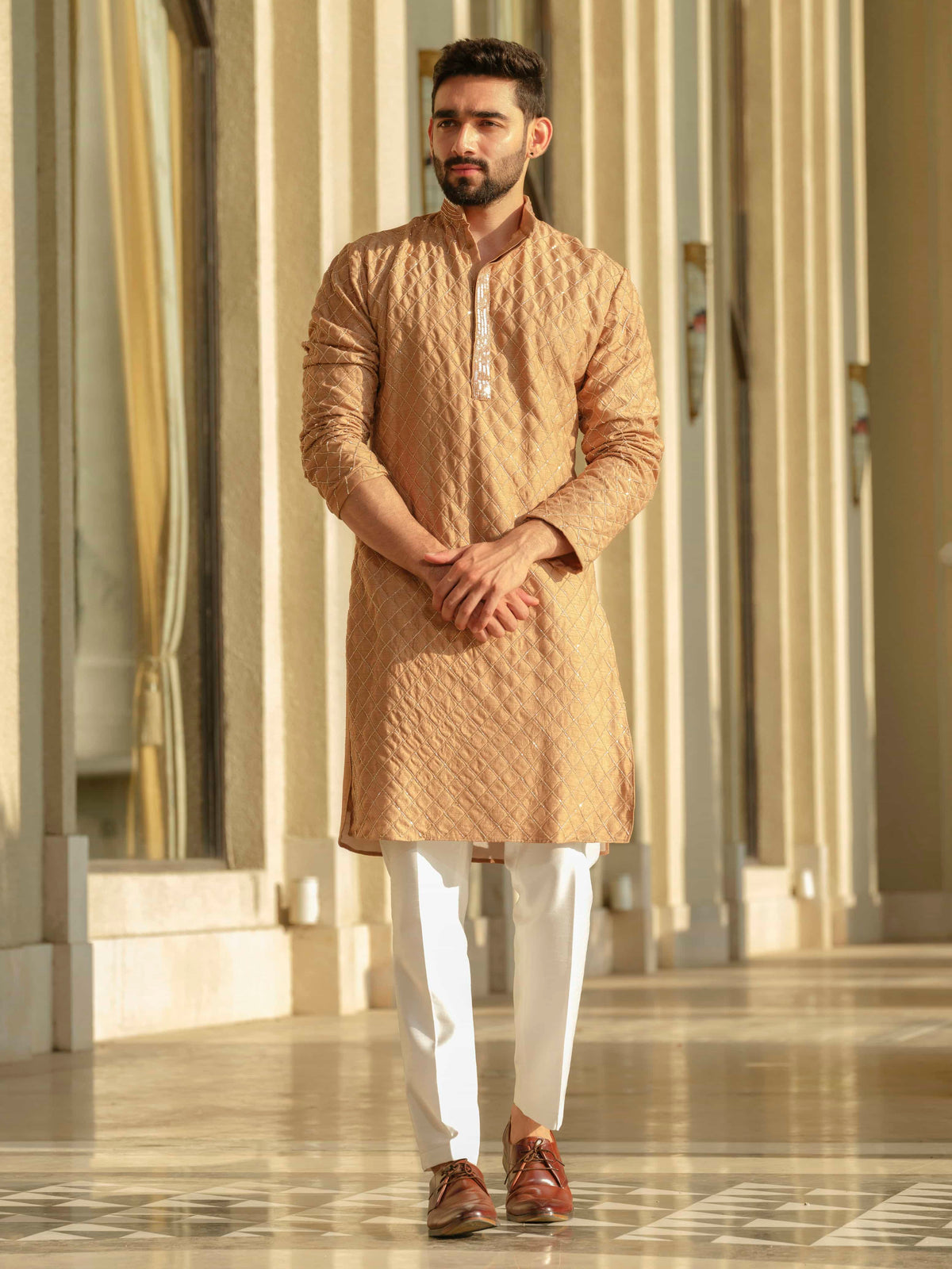 Beige Silk Embroidered Kurta Set