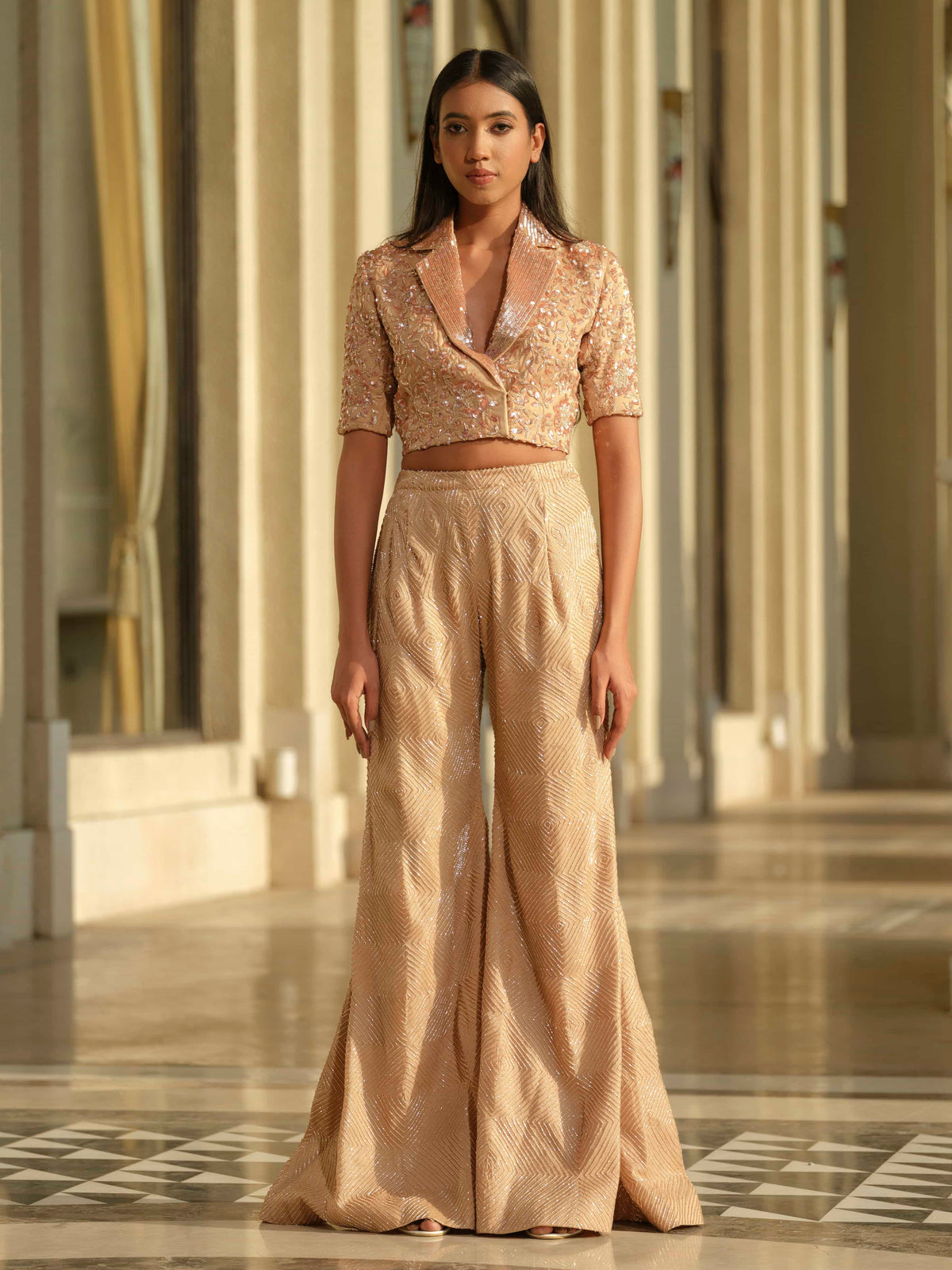 Beige Short Blazer with Bootcut Pants