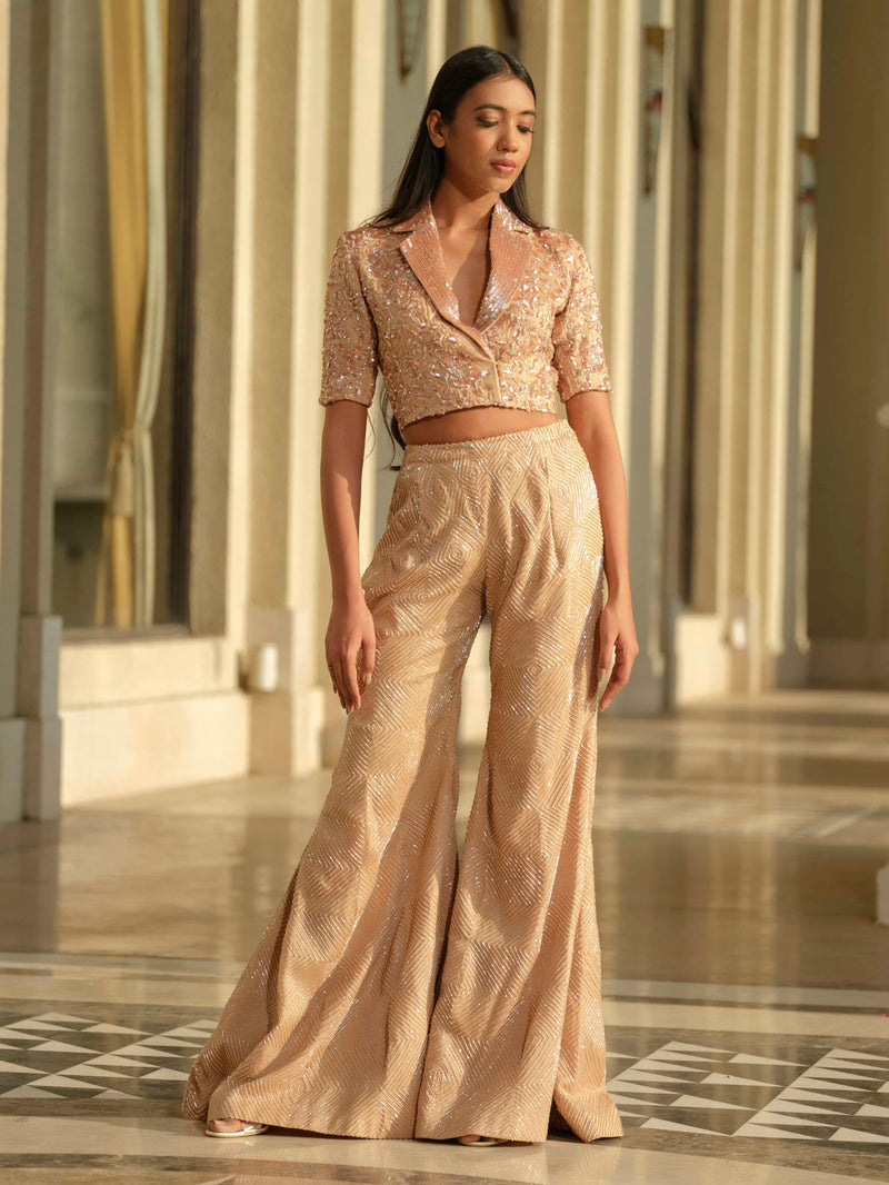 Beige Short Blazer with Bootcut Pants