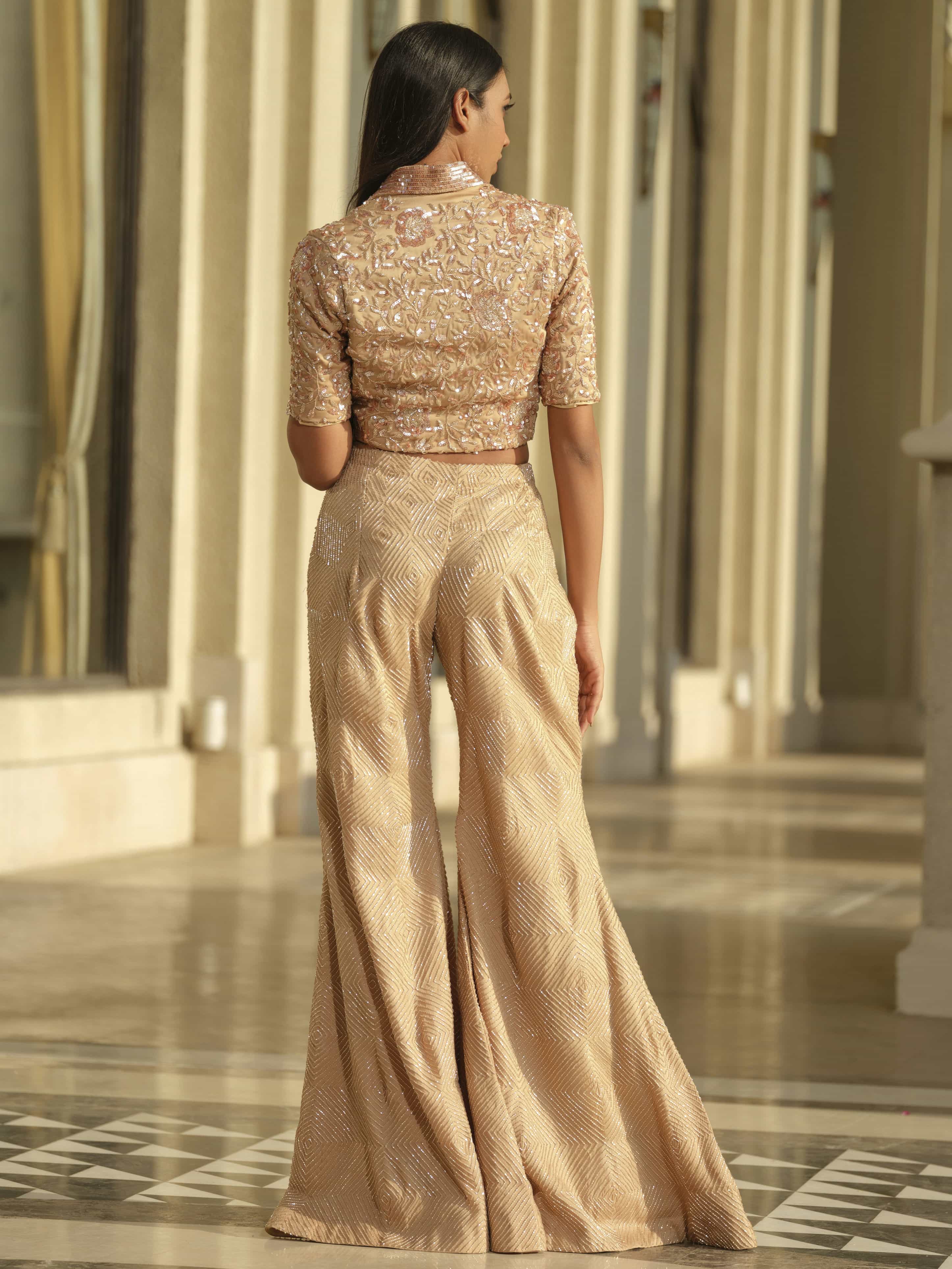 Beige Short Blazer with Bootcut Pants