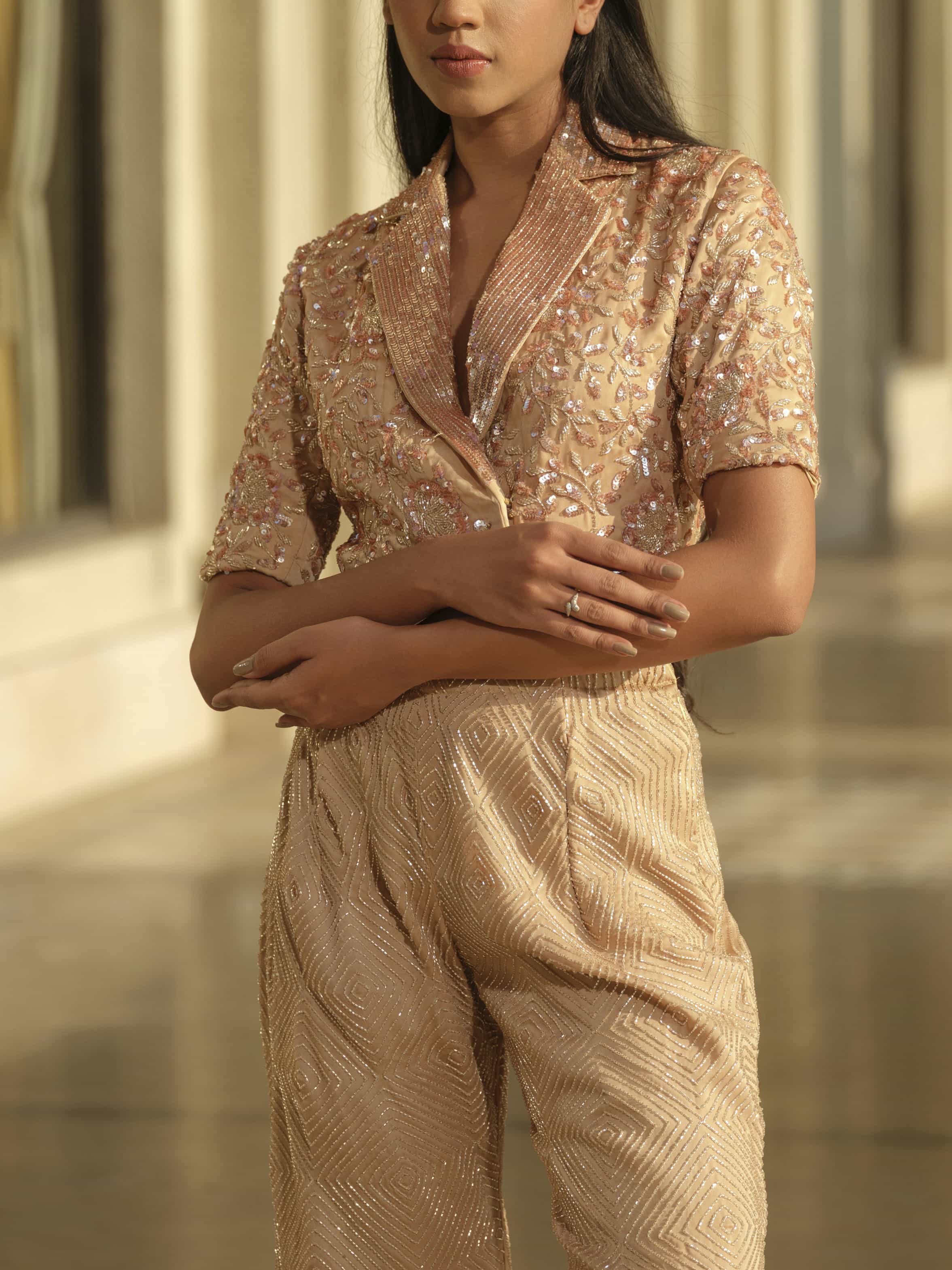 Beige Short Blazer with Bootcut Pants