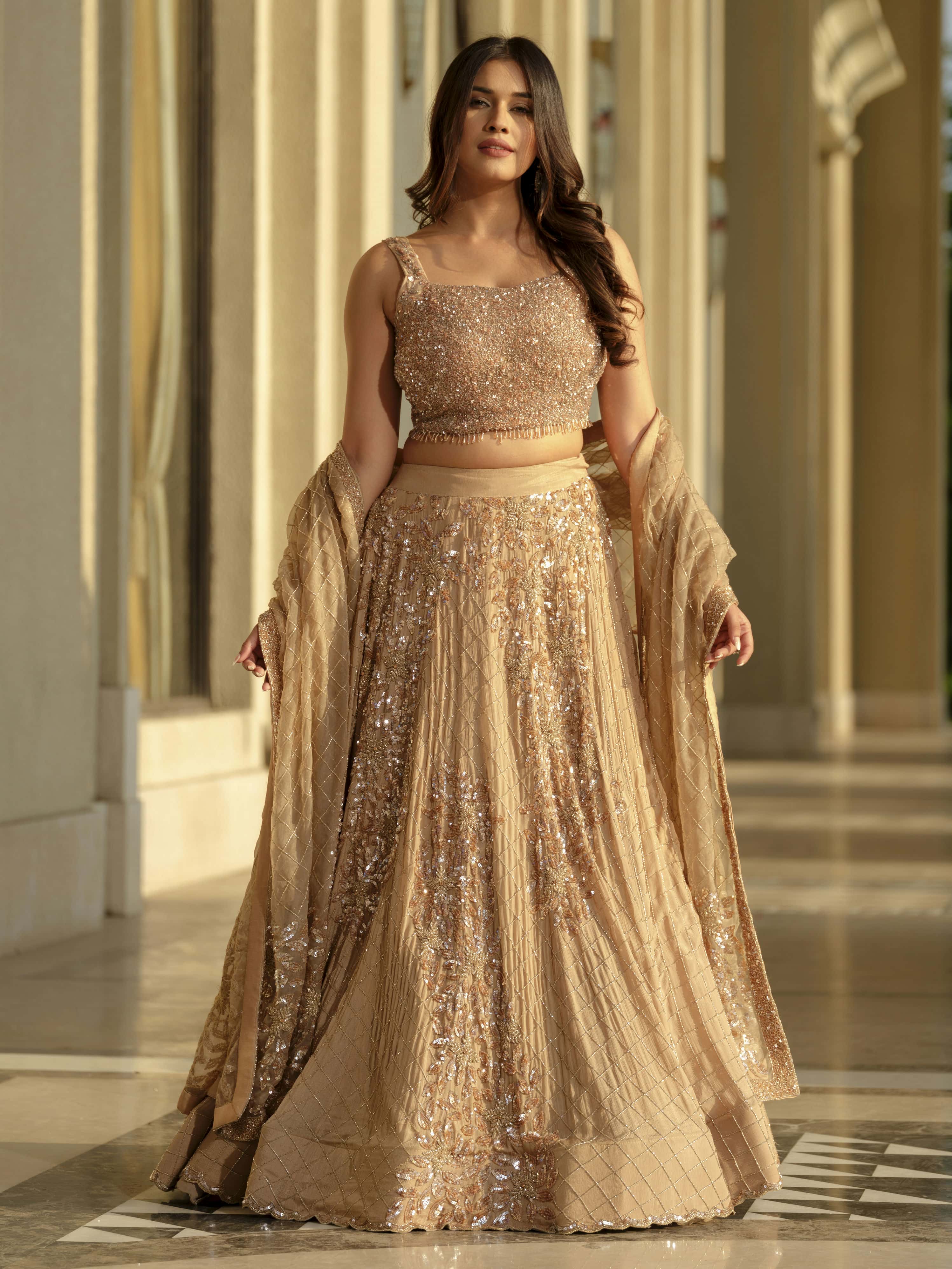 Beige Moss Crepe Lehenga with Organza Dupatta