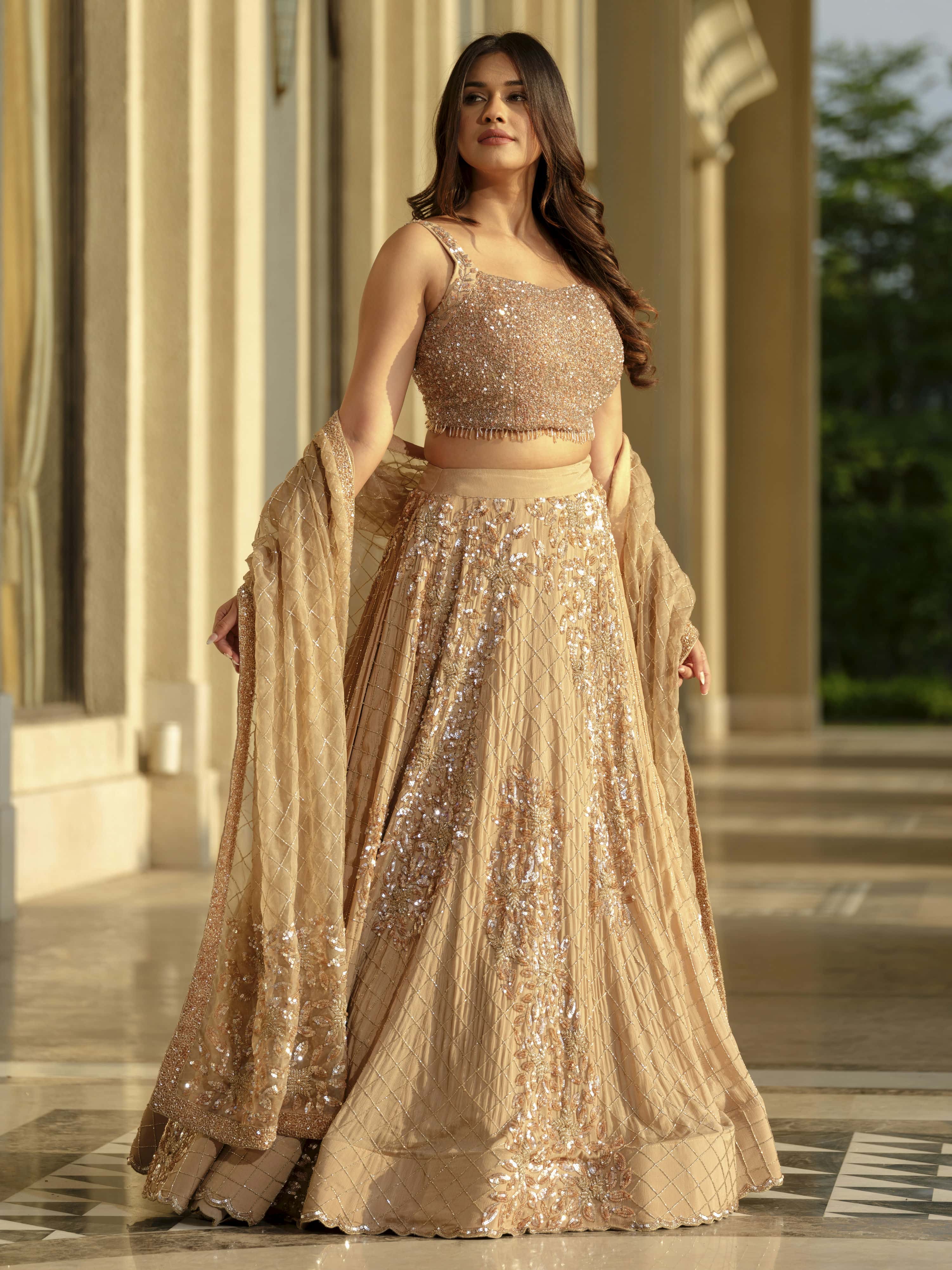 Beige Moss Crepe Lehenga with Organza Dupatta