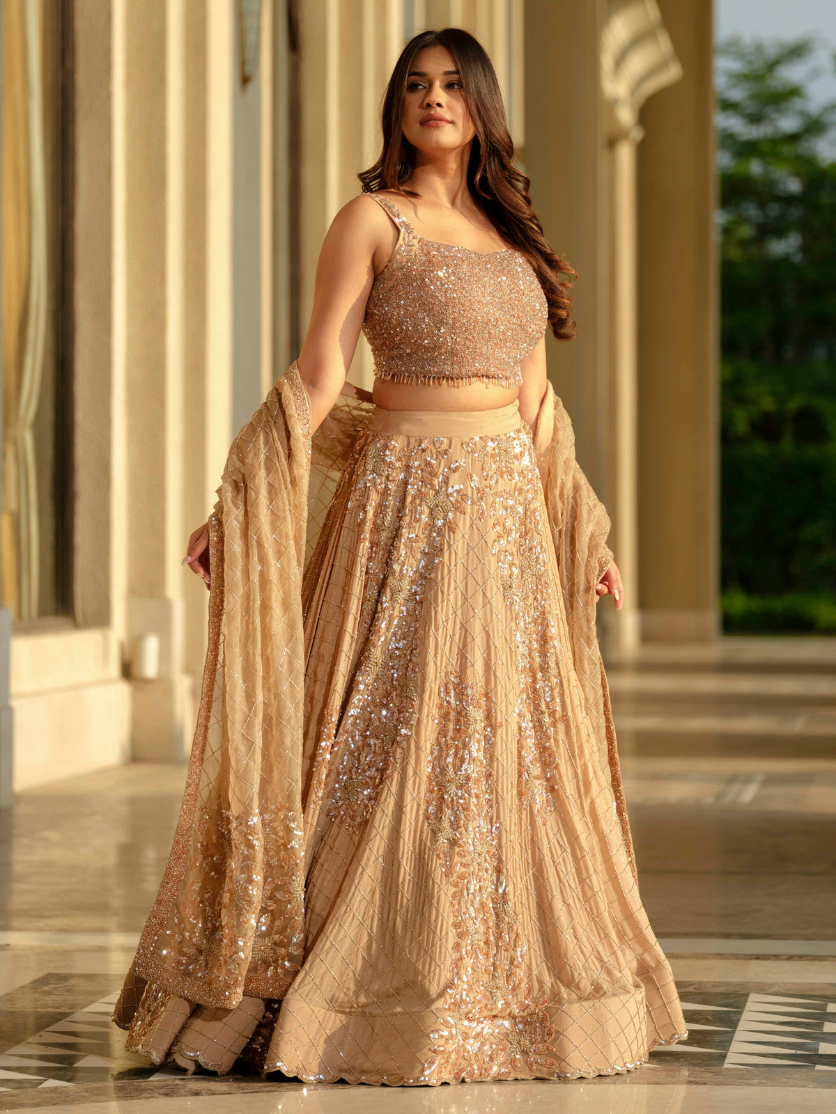 Beige Moss Crepe Lehenga with Organza Dupatta