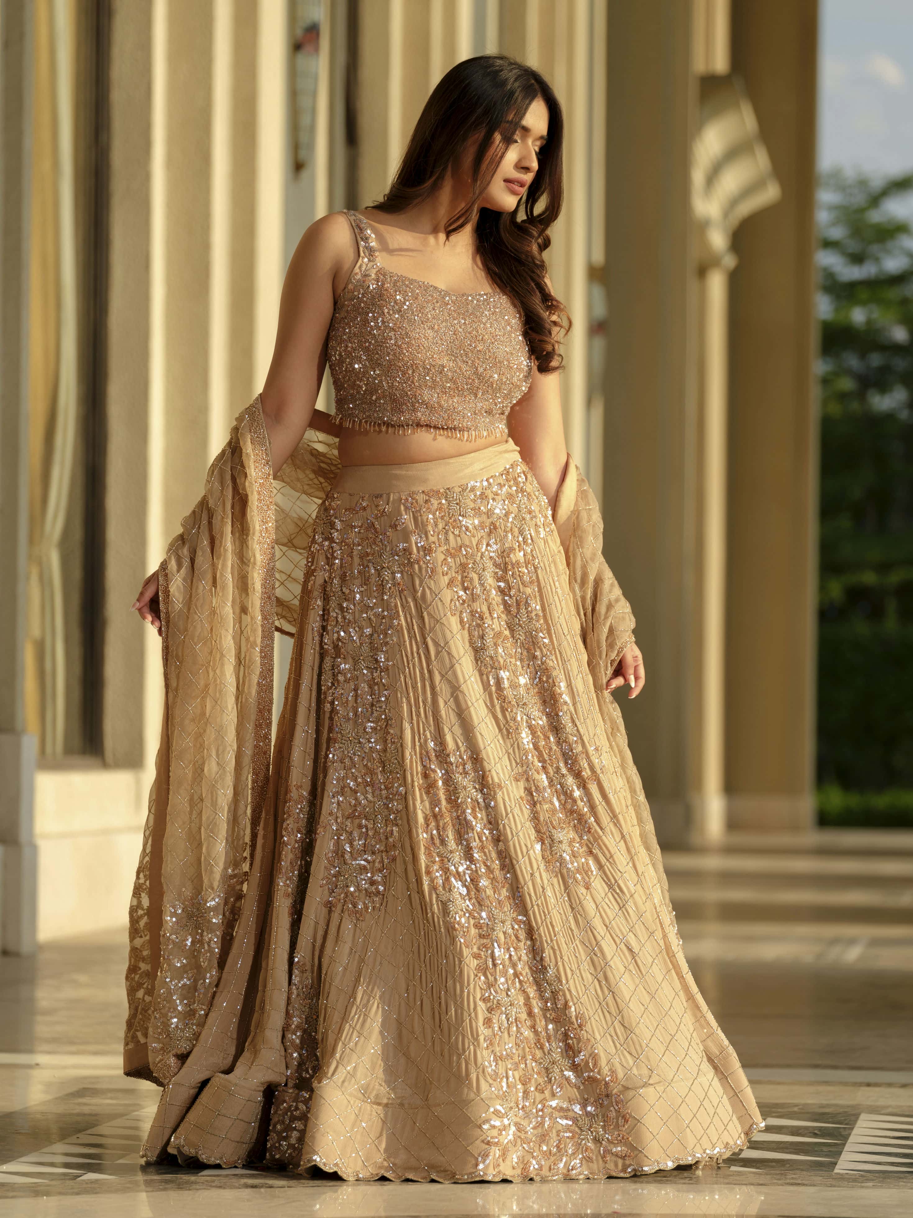 Beige Moss Crepe Lehenga with Organza Dupatta