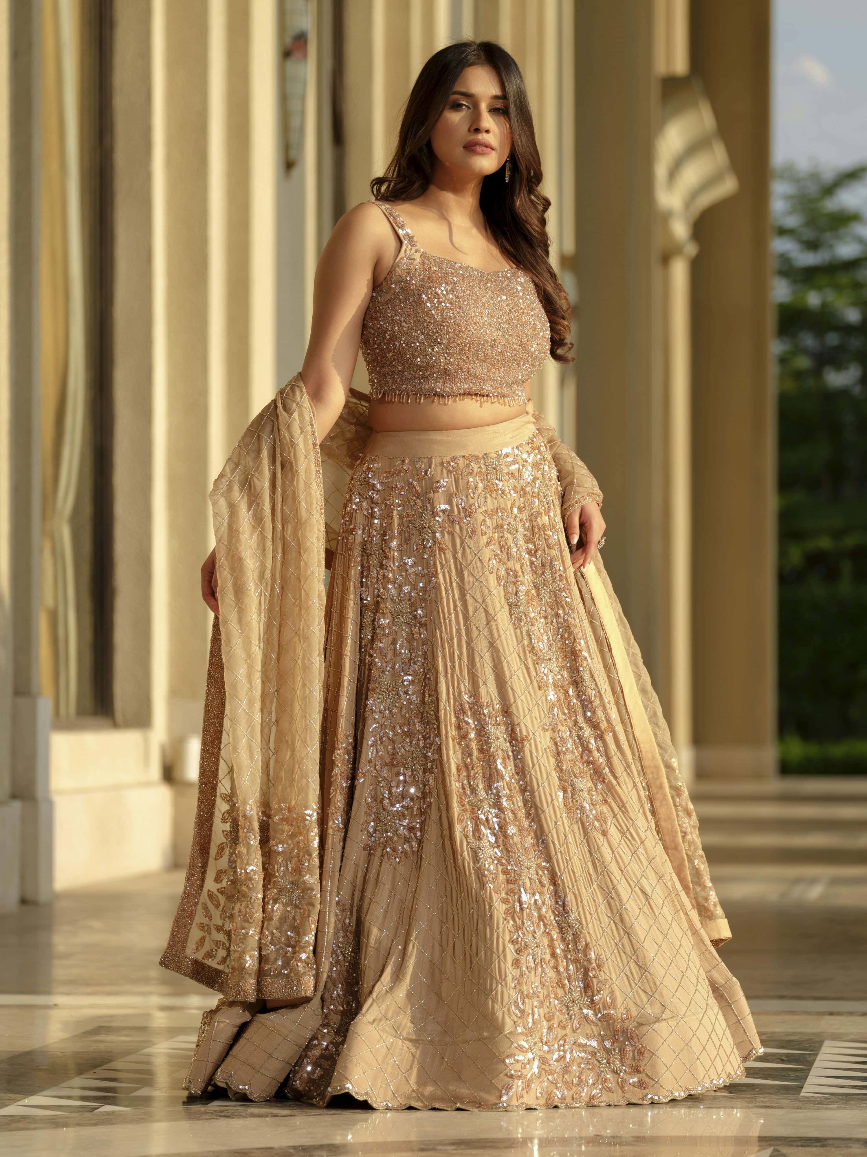Beige Moss Crepe Lehenga with Organza Dupatta