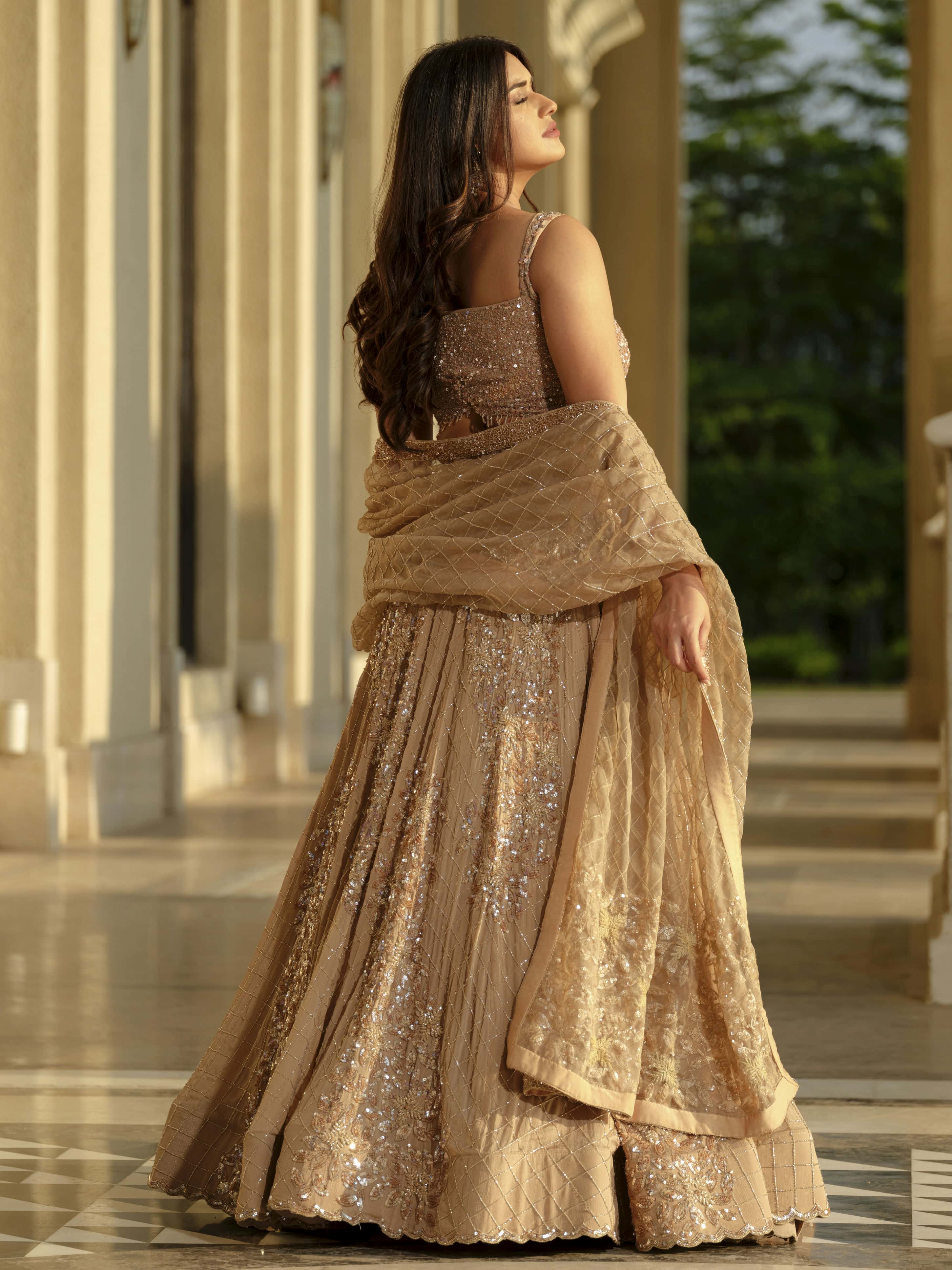 Beige Moss Crepe Lehenga with Organza Dupatta
