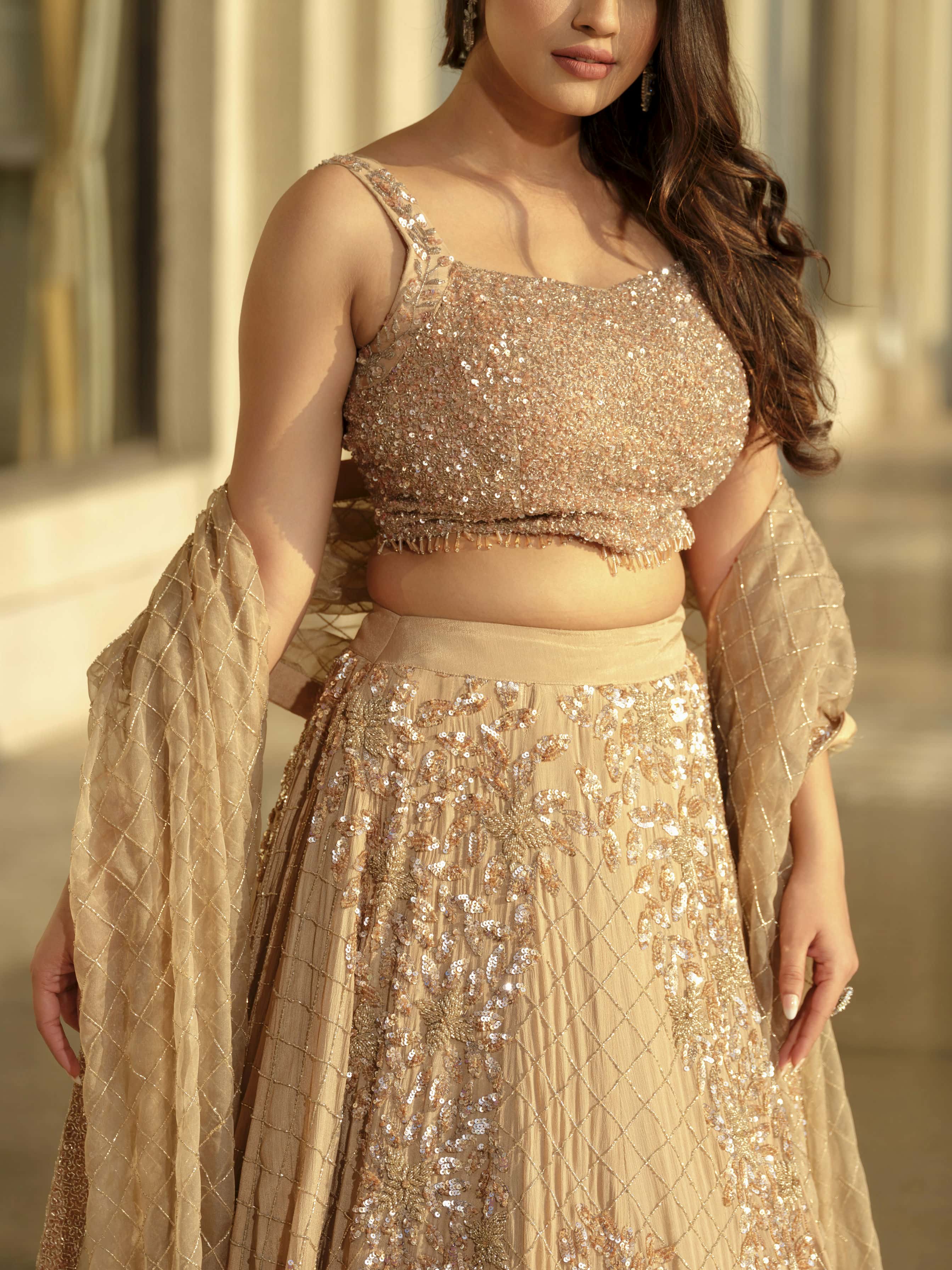 Beige Moss Crepe Lehenga with Organza Dupatta