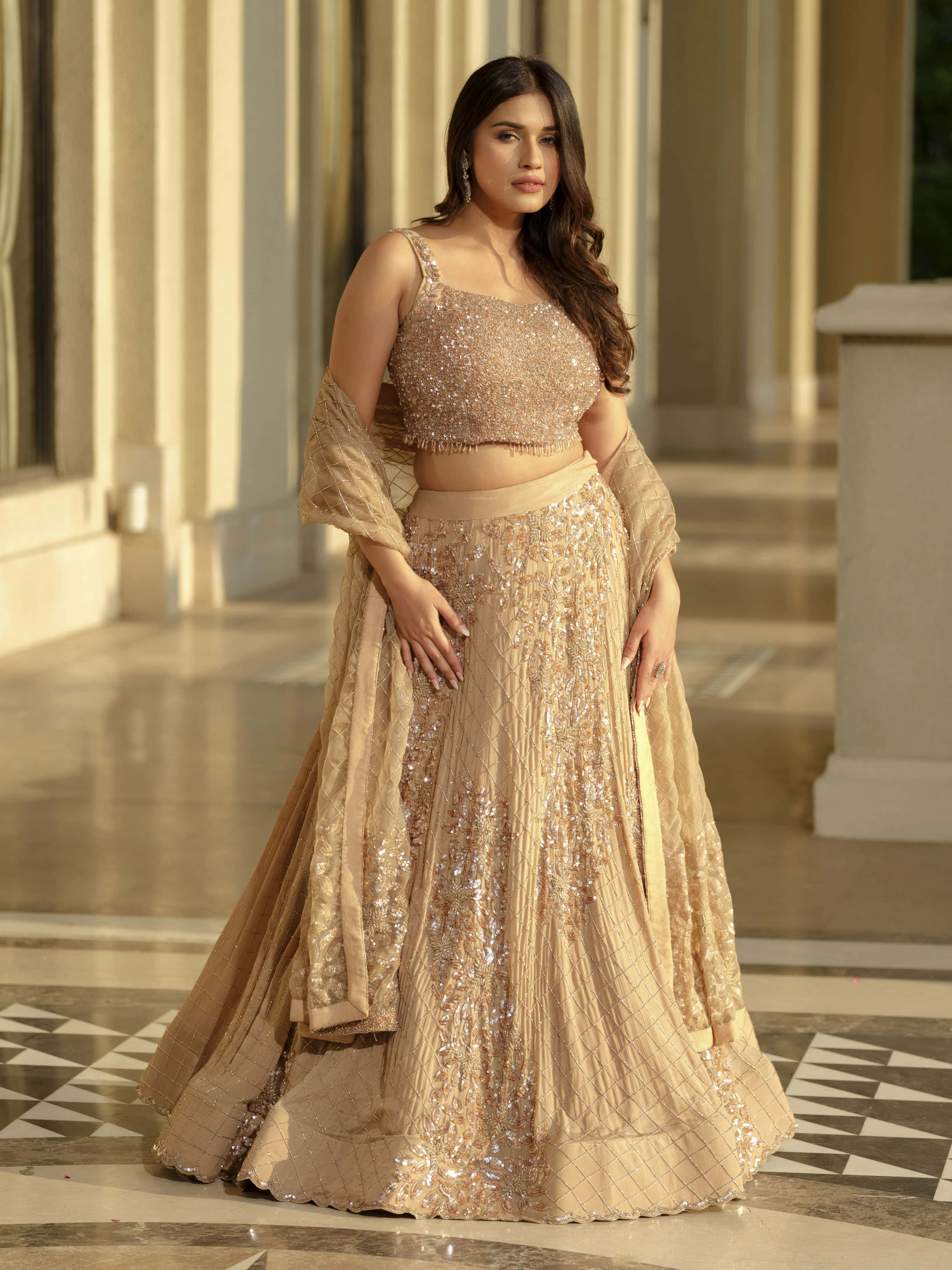 Beige Moss Crepe Lehenga with Organza Dupatta