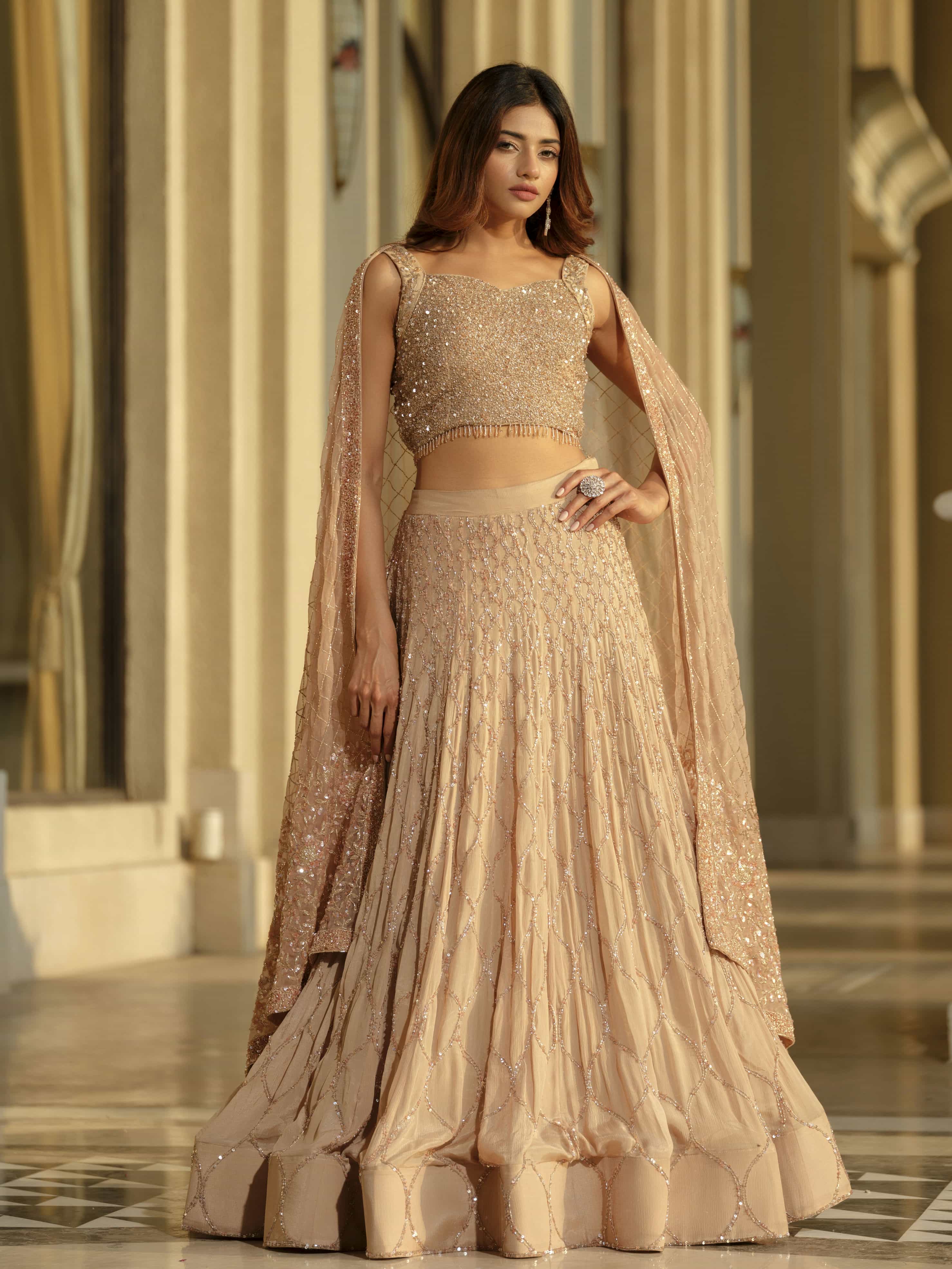 Beige Moss Crepe Lehenga with Organza Dupatta