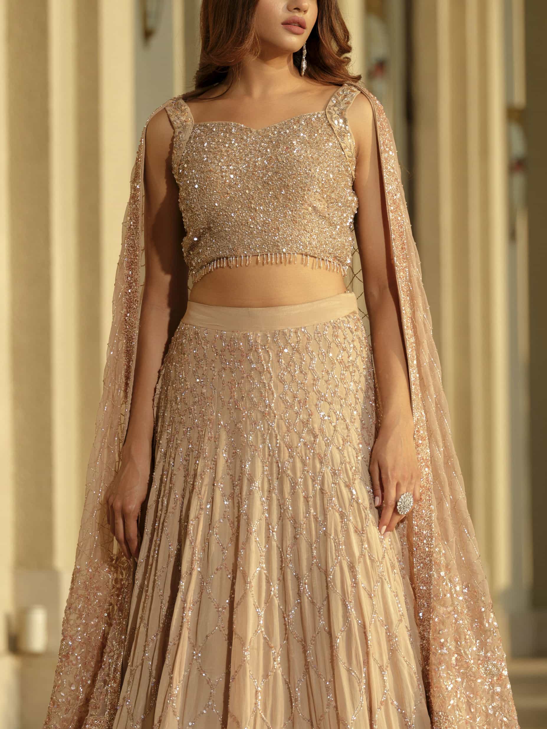 Beige Moss Crepe Lehenga with Organza Dupatta