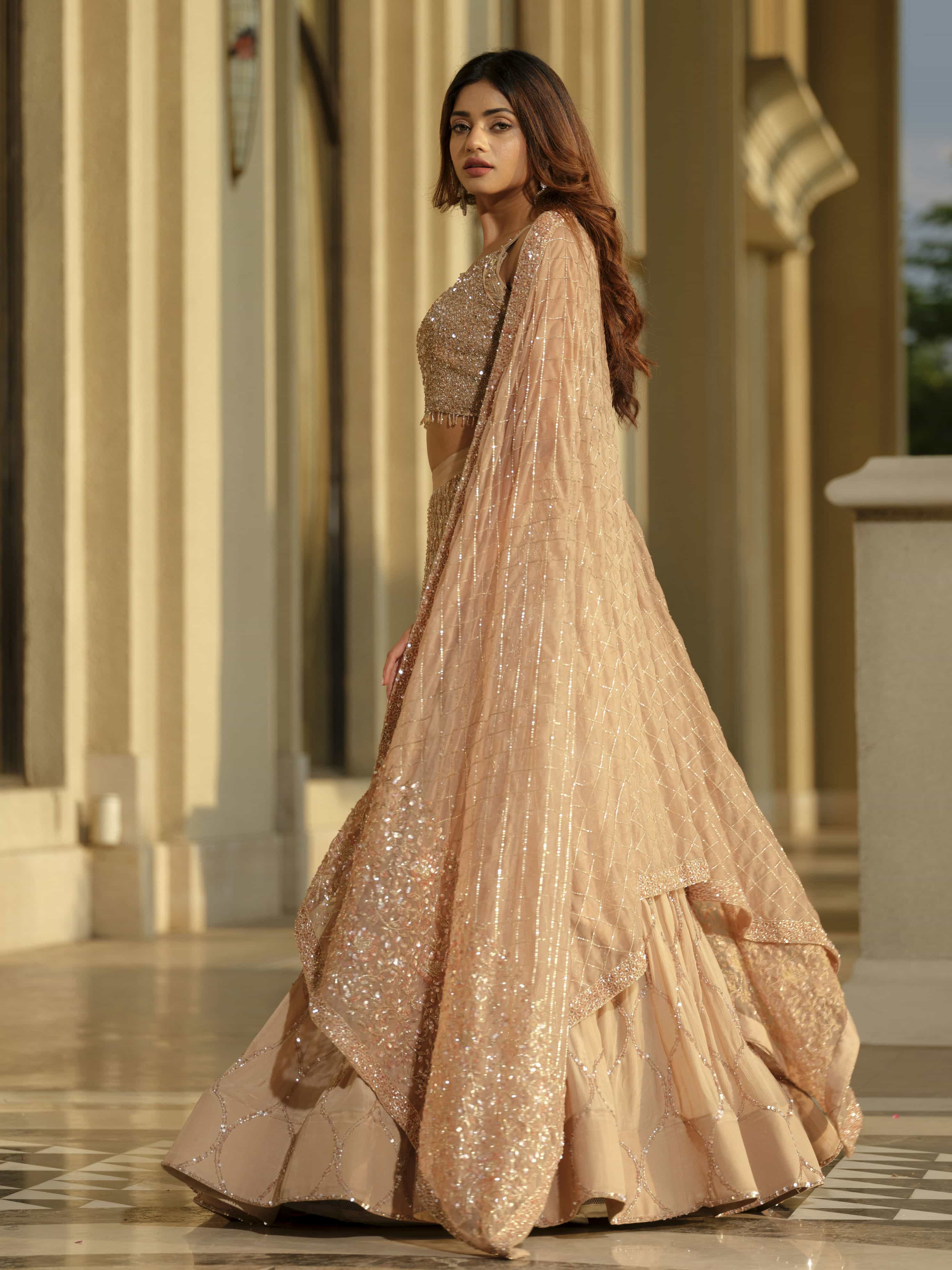 Beige Moss Crepe Lehenga with Organza Dupatta