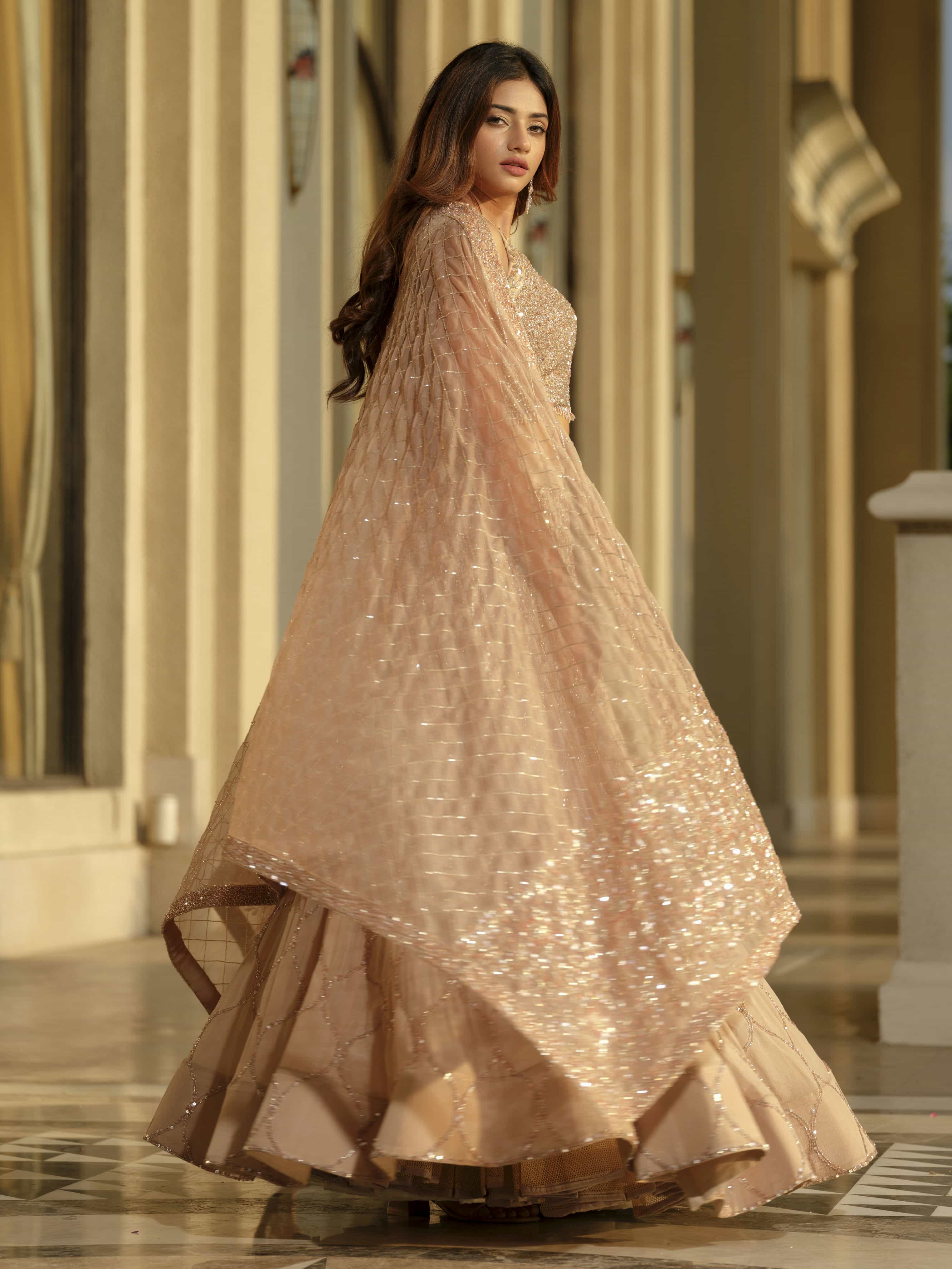 Beige Moss Crepe Lehenga with Organza Dupatta
