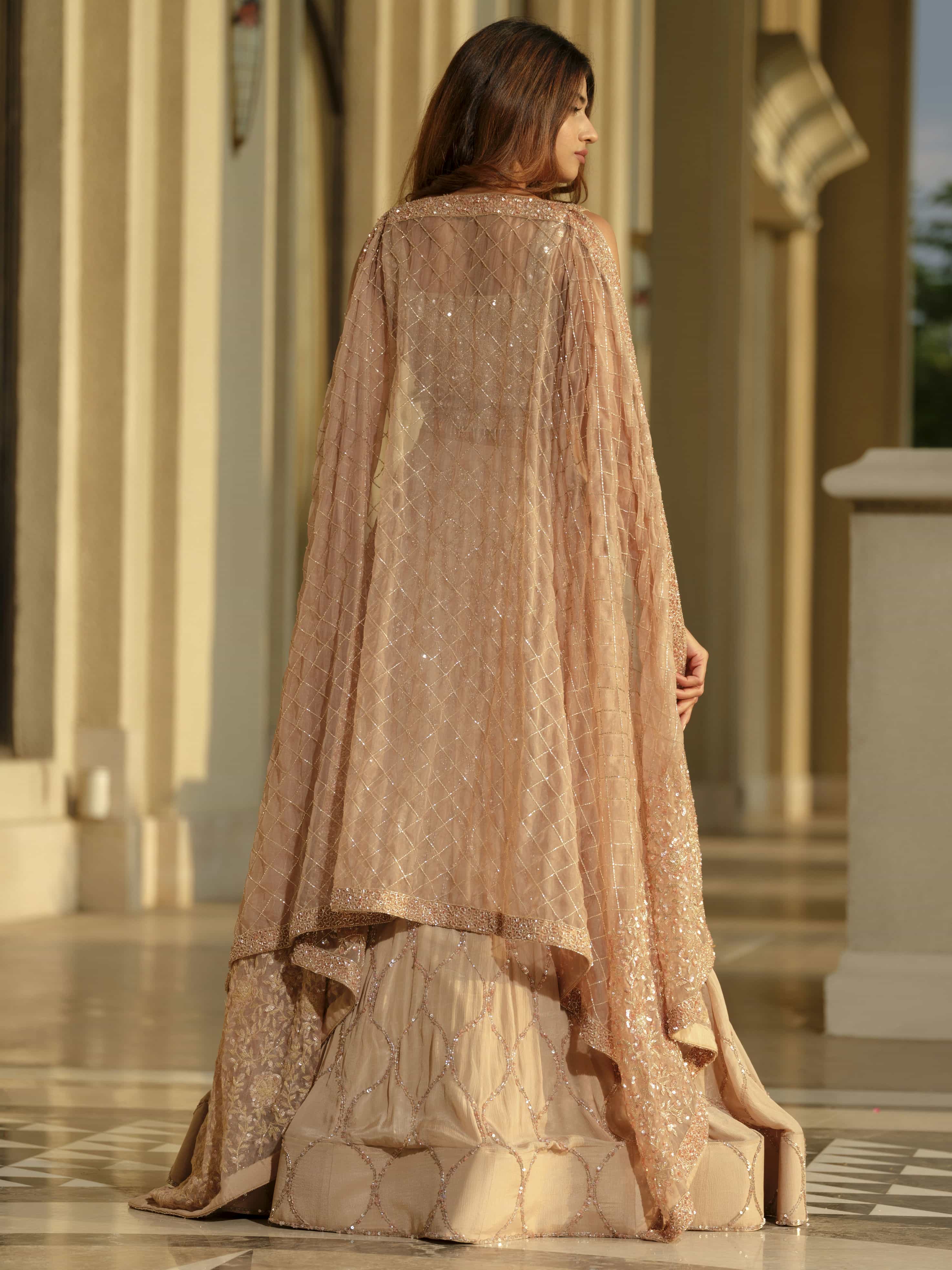Beige Moss Crepe Lehenga with Organza Dupatta