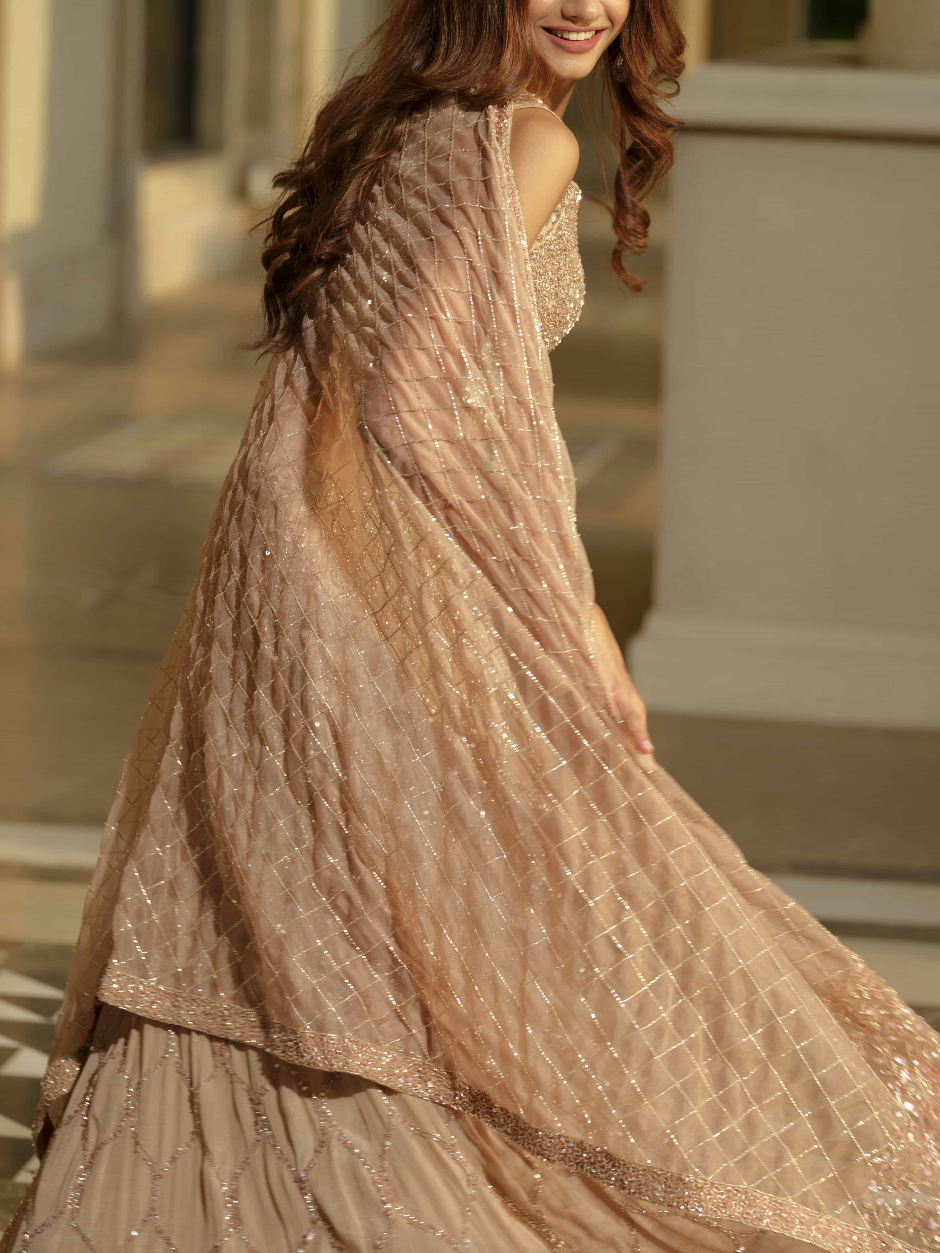Beige Moss Crepe Lehenga with Organza Dupatta
