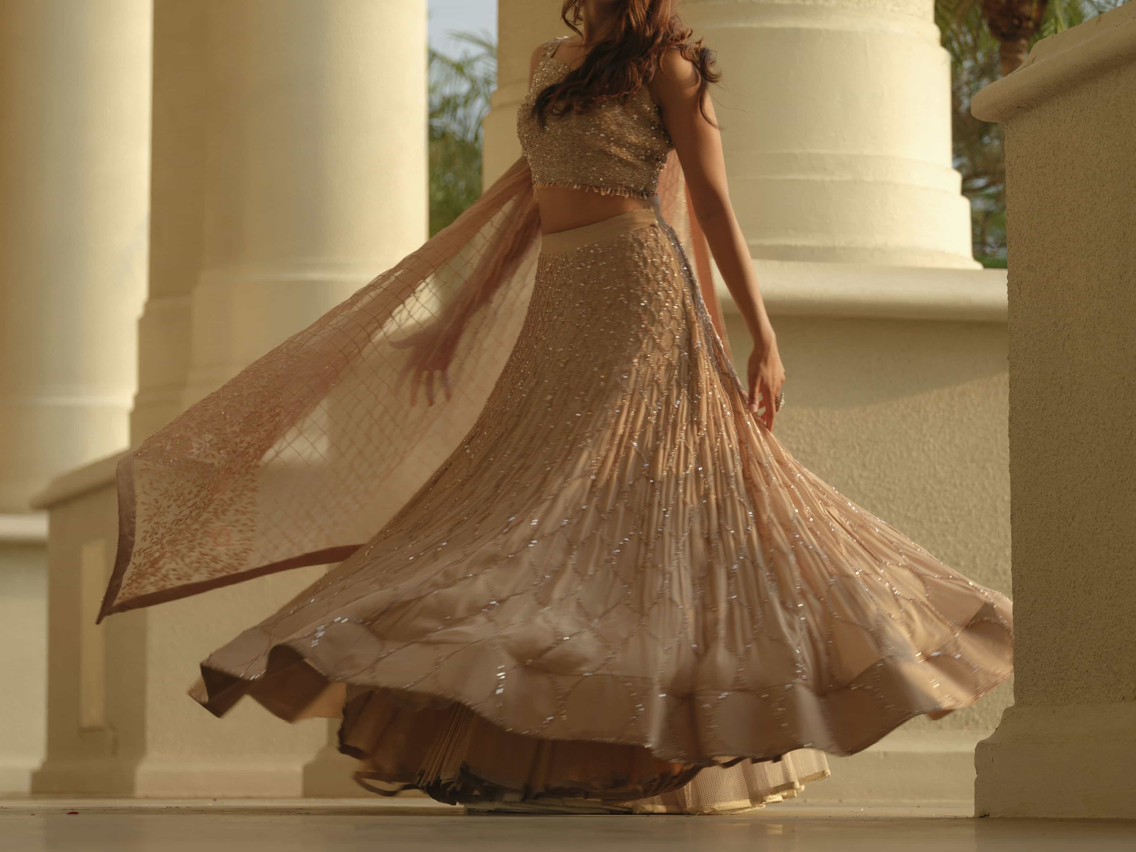 Beige Moss Crepe Lehenga with Organza Dupatta