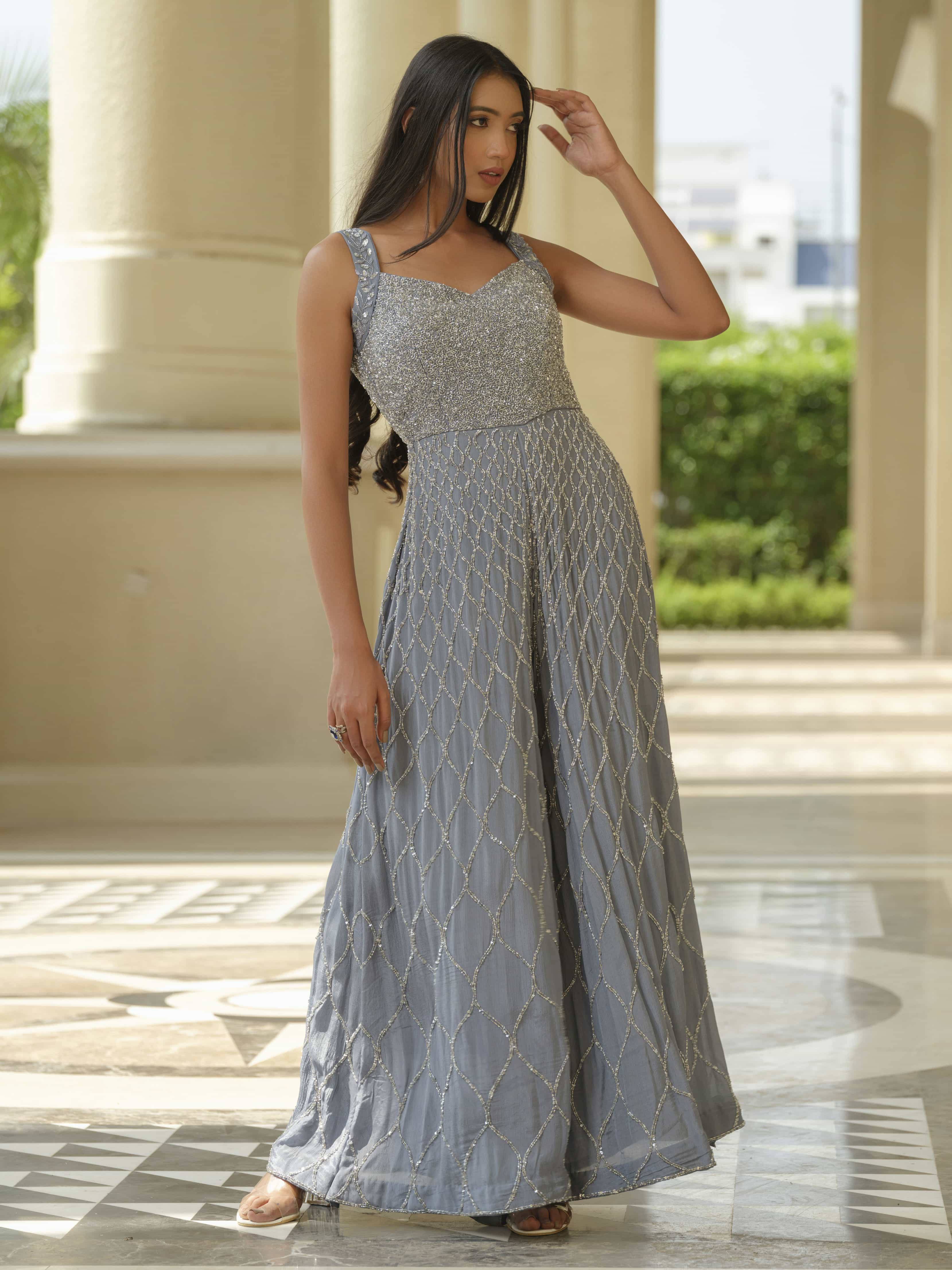 Grey Moss Crepe Jumpsuit with Jaal Work