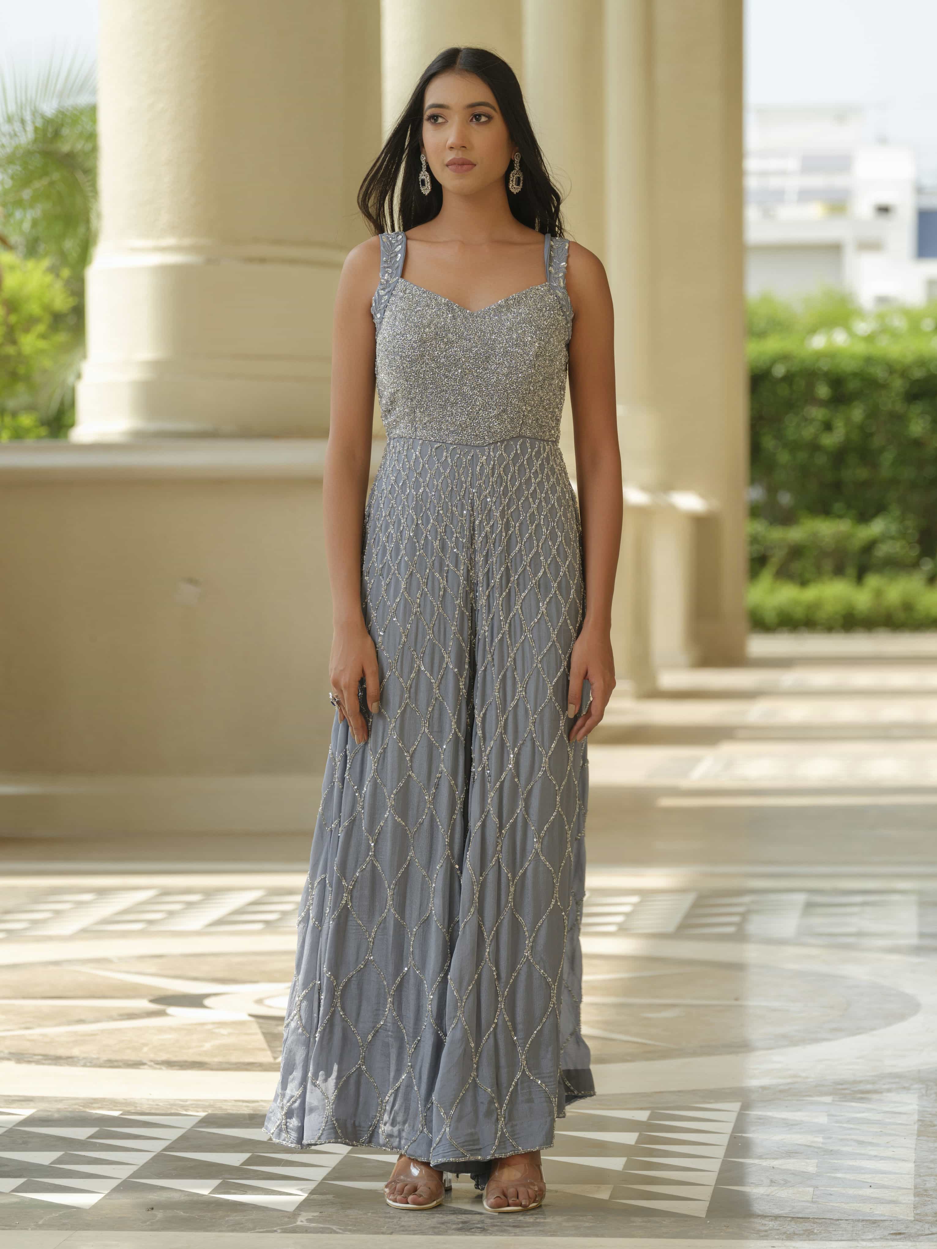 Grey Moss Crepe Jumpsuit with Jaal Work