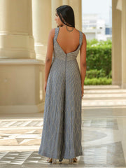 Grey Moss Crepe Jumpsuit with Jaal Work