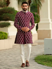 Maroon Silk Embroidered Sherwani Set