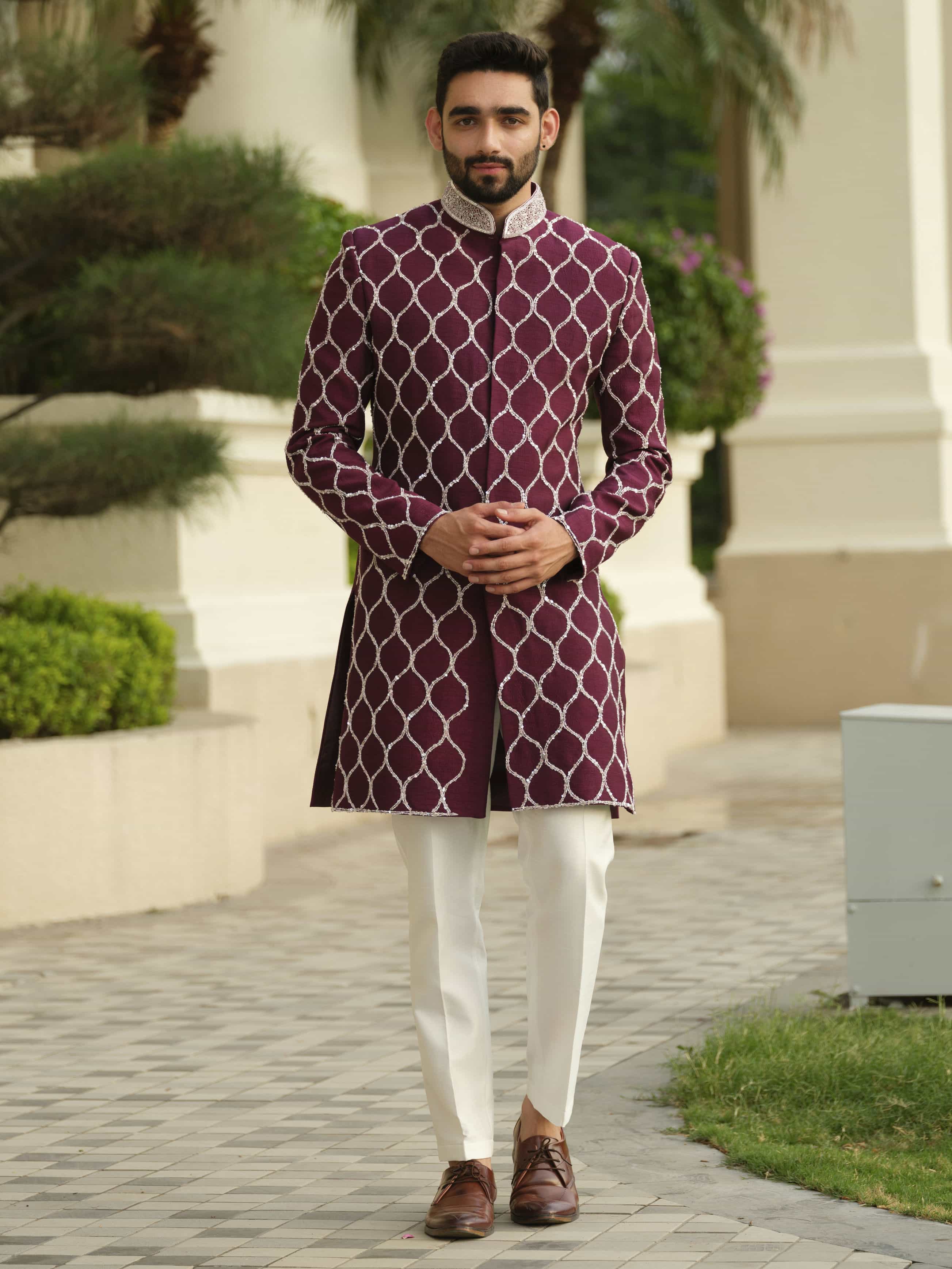 Maroon Silk Embroidered Sherwani Set