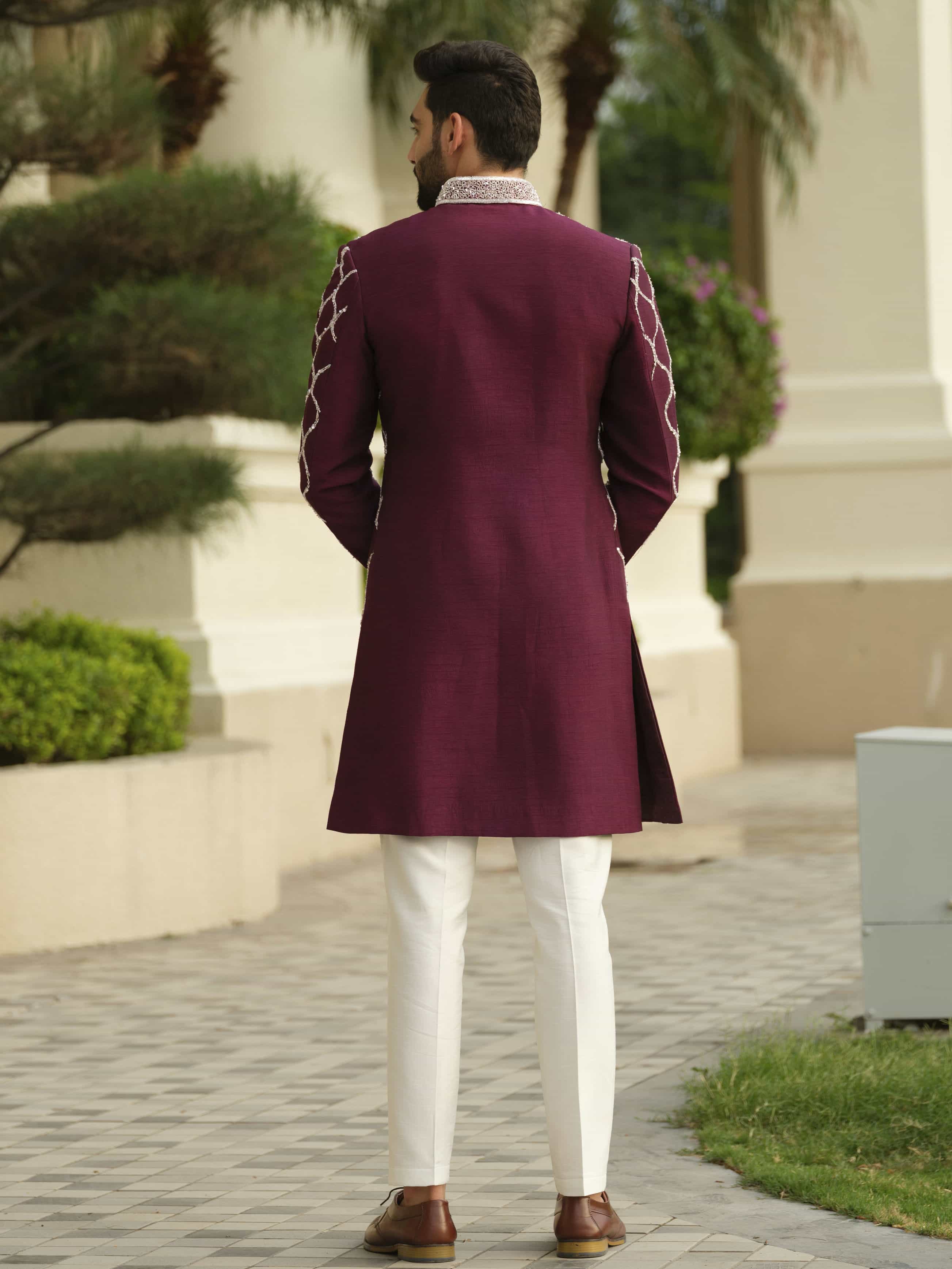 Maroon Silk Embroidered Sherwani Set