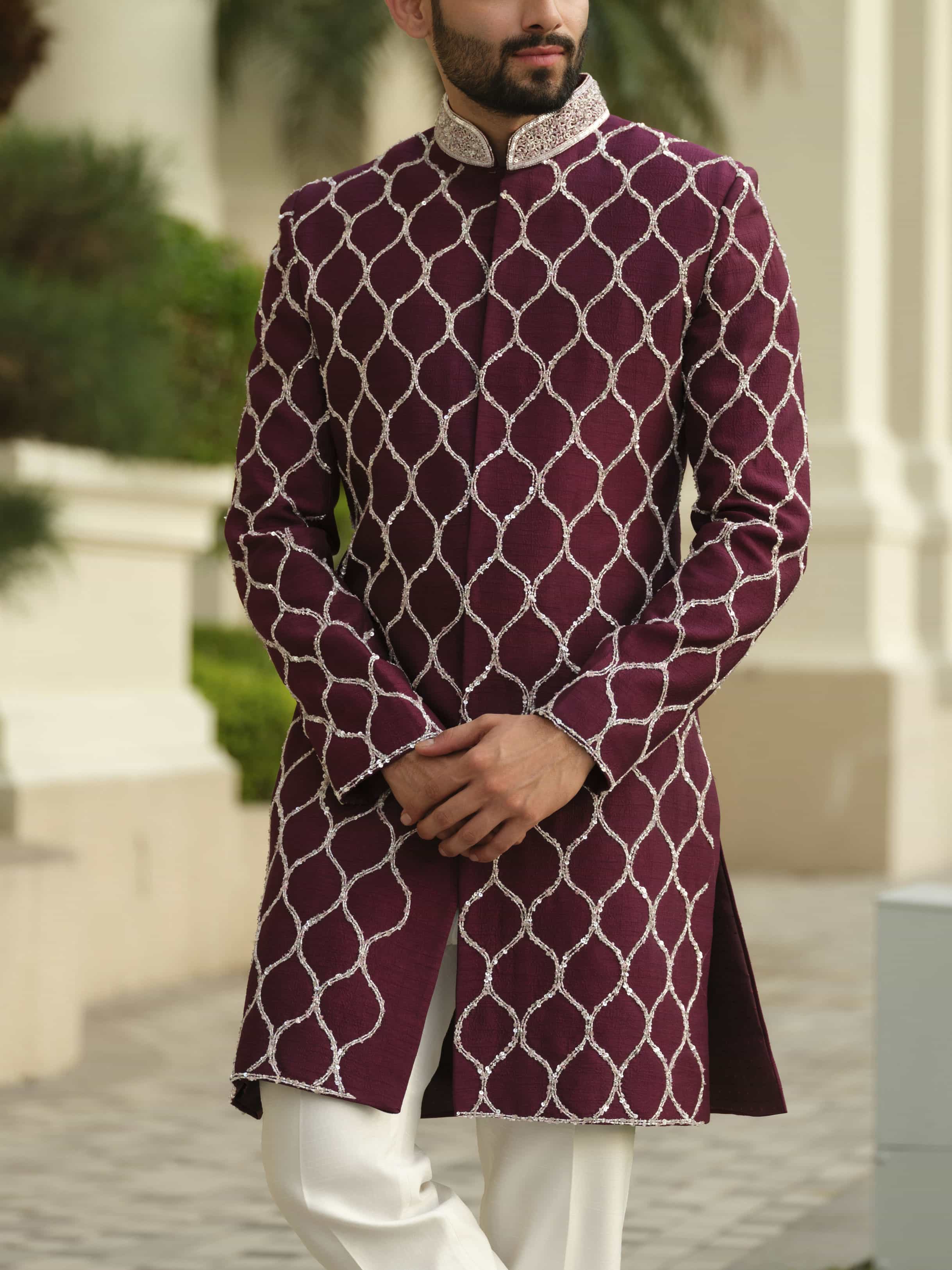Maroon Silk Embroidered Sherwani Set