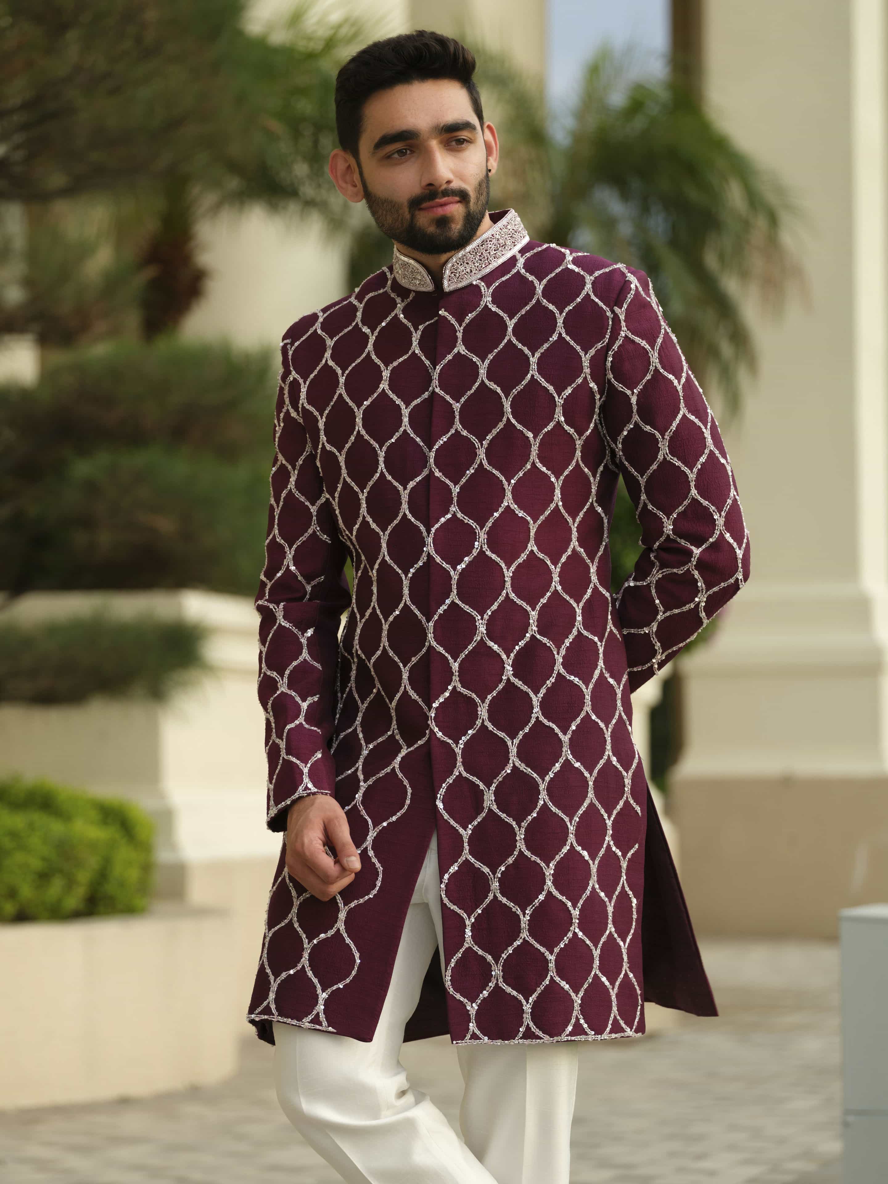 Maroon Silk Embroidered Sherwani Set