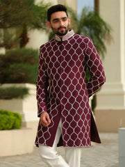 Maroon Silk Embroidered Sherwani Set