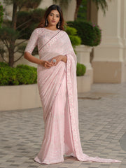 Powder Pink Moss Crepe Saree with Floral Blouse