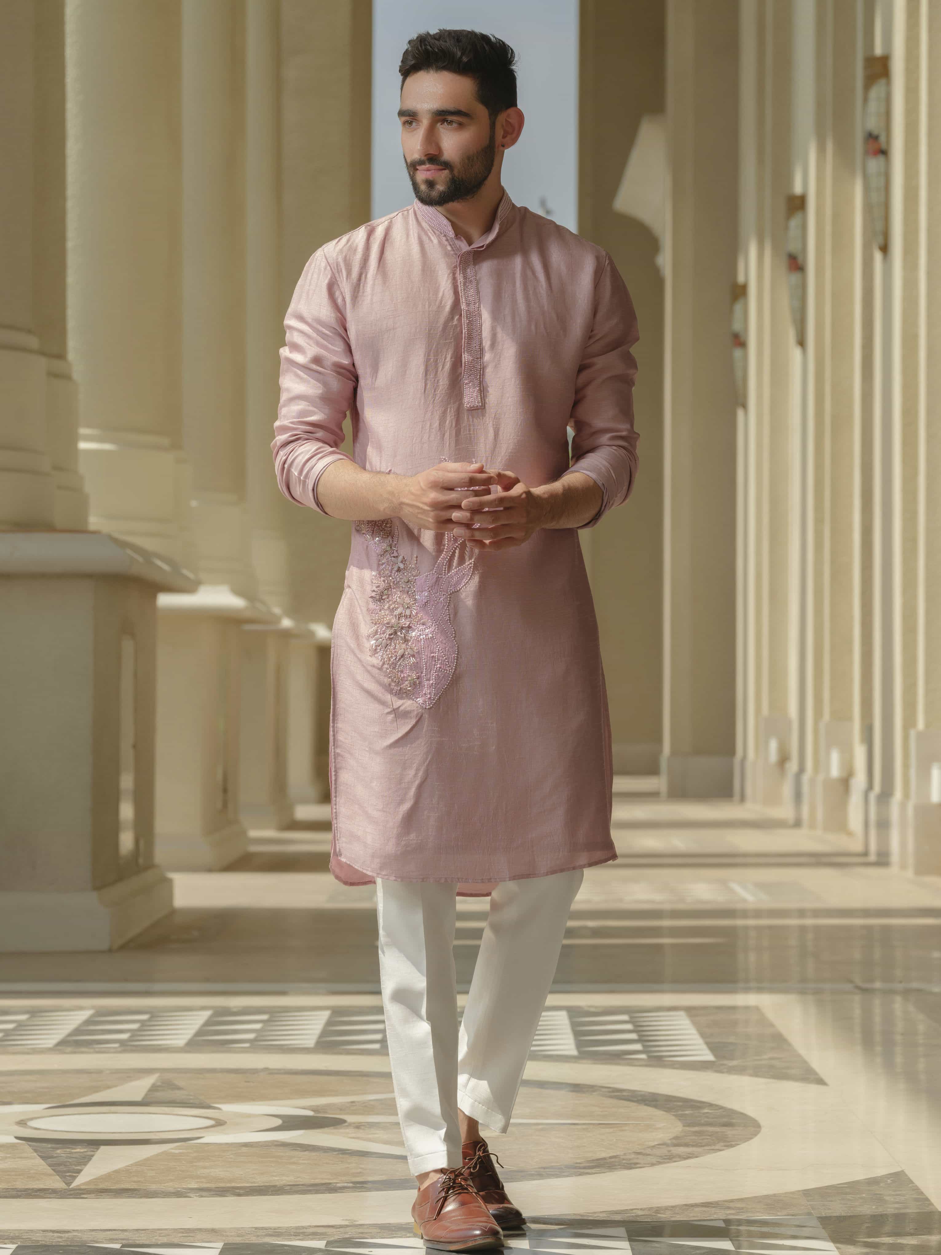 Light Pink Silk Embroidered Kurta Set