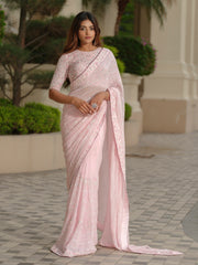 Powder Pink Moss Crepe Saree with Floral Blouse
