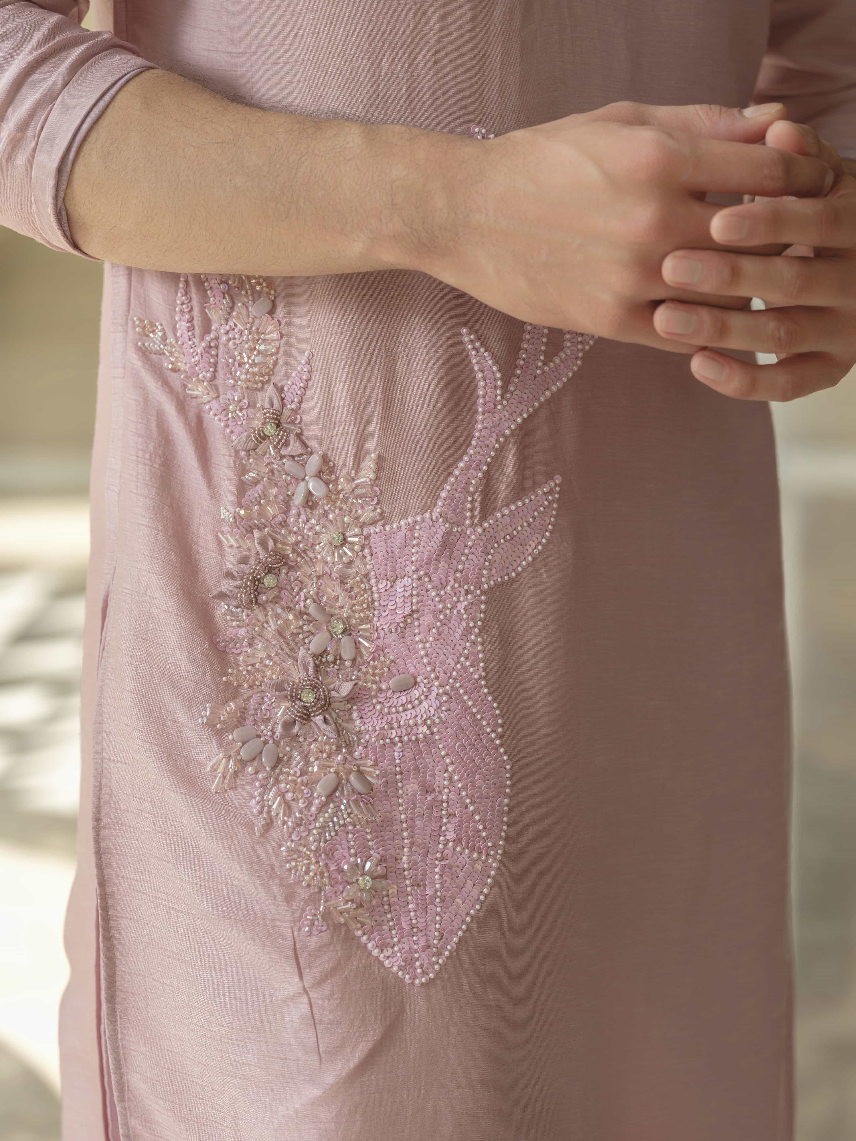 Light Pink Silk Embroidered Kurta Set