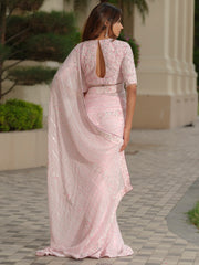 Powder Pink Moss Crepe Saree with Floral Blouse
