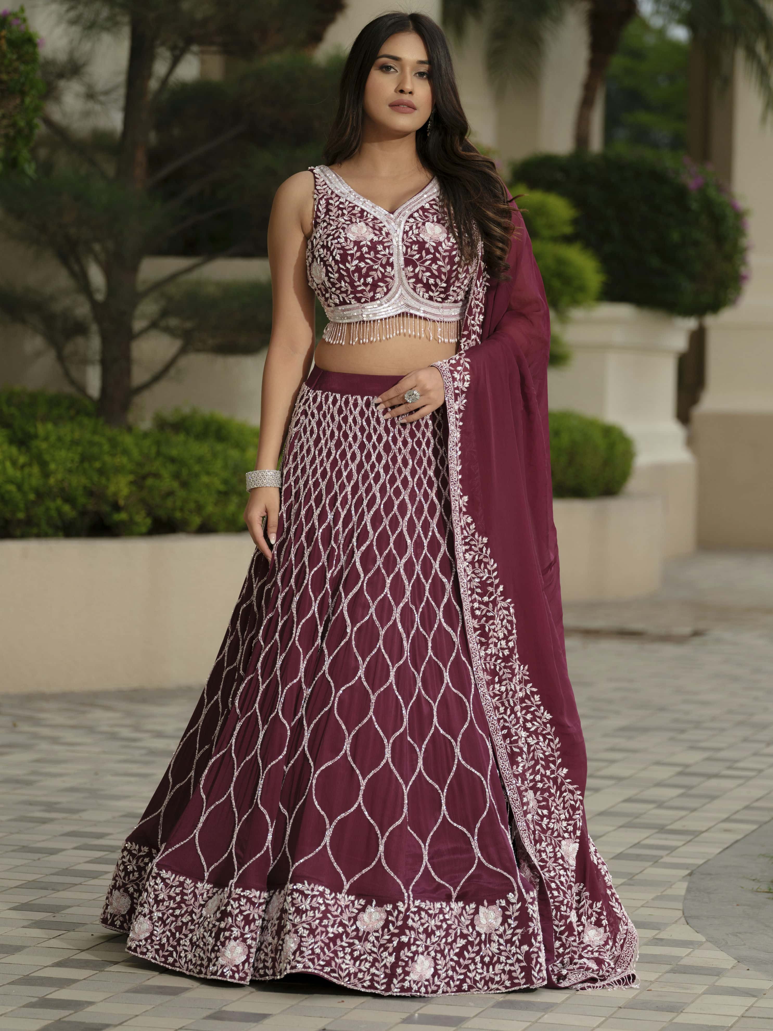 Maroon Moss Crepe Lehenga with Tissue Dupatta