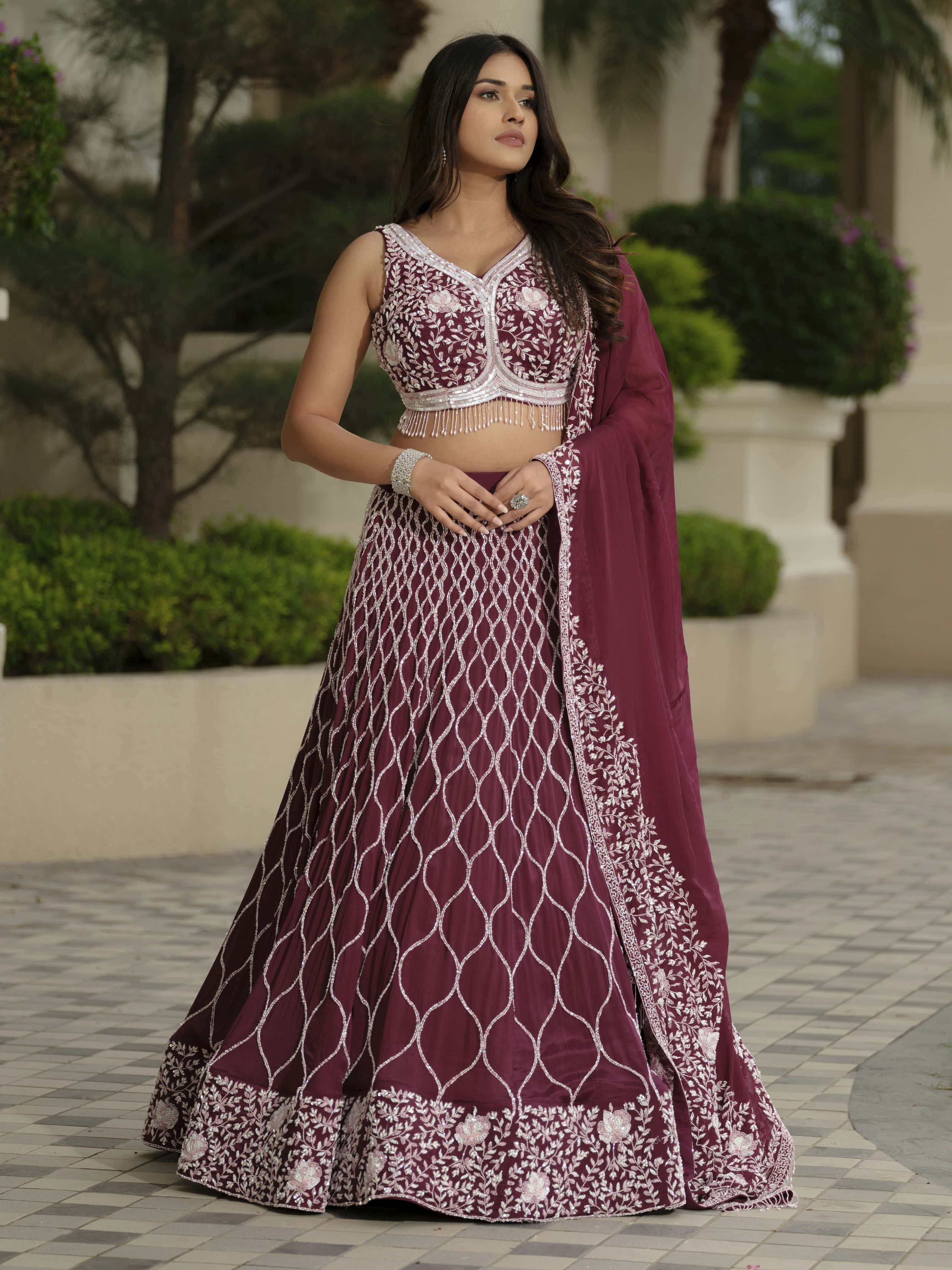 Maroon Moss Crepe Lehenga with Tissue Dupatta