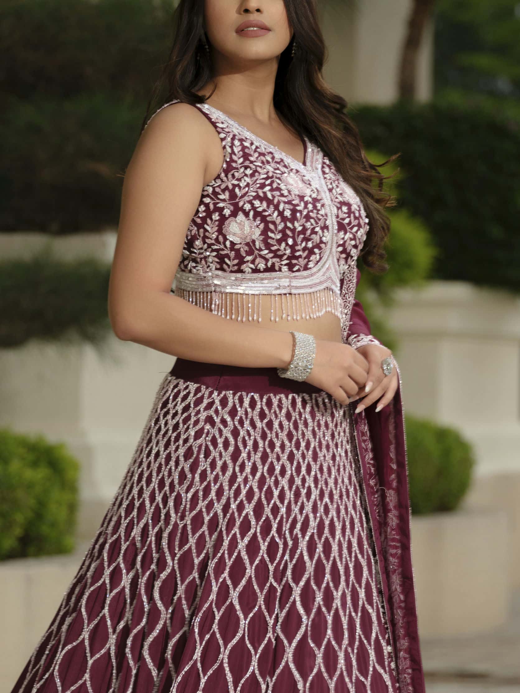 Maroon Moss Crepe Lehenga with Tissue Dupatta