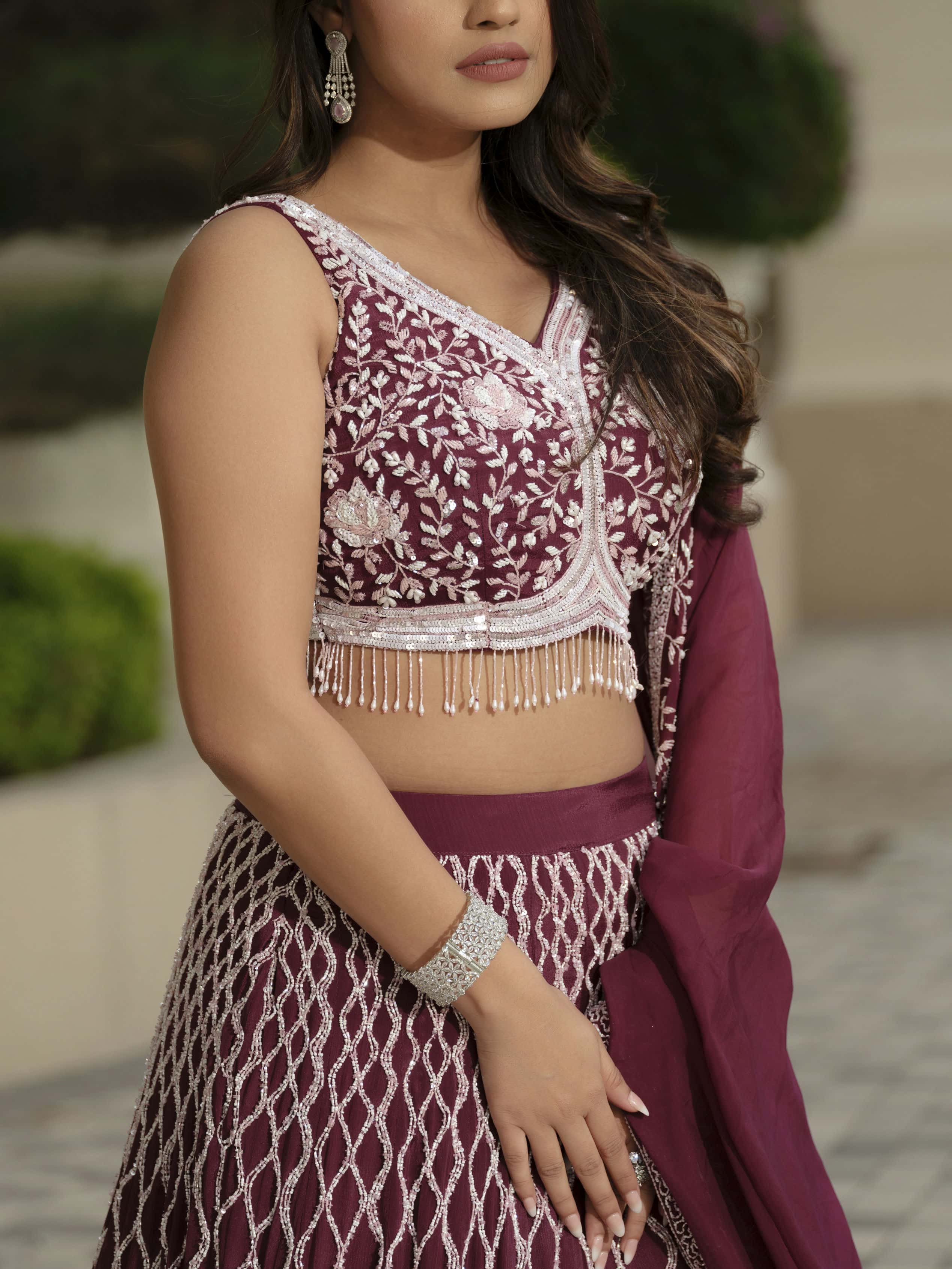 Maroon Moss Crepe Lehenga with Tissue Dupatta