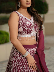 Maroon Moss Crepe Lehenga with Tissue Dupatta