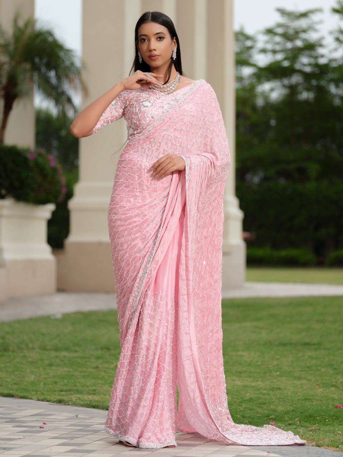 Powder Pink Moss Crepe with Sequins Work