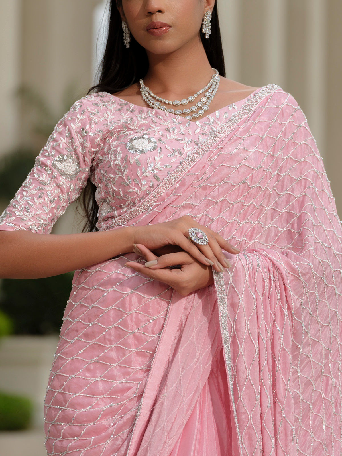 Powder Pink Moss Crepe with Sequins Work