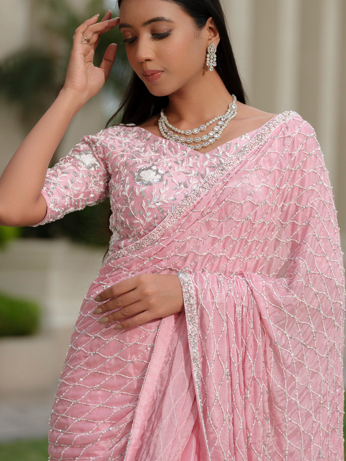 Powder Pink Moss Crepe with Sequins Work