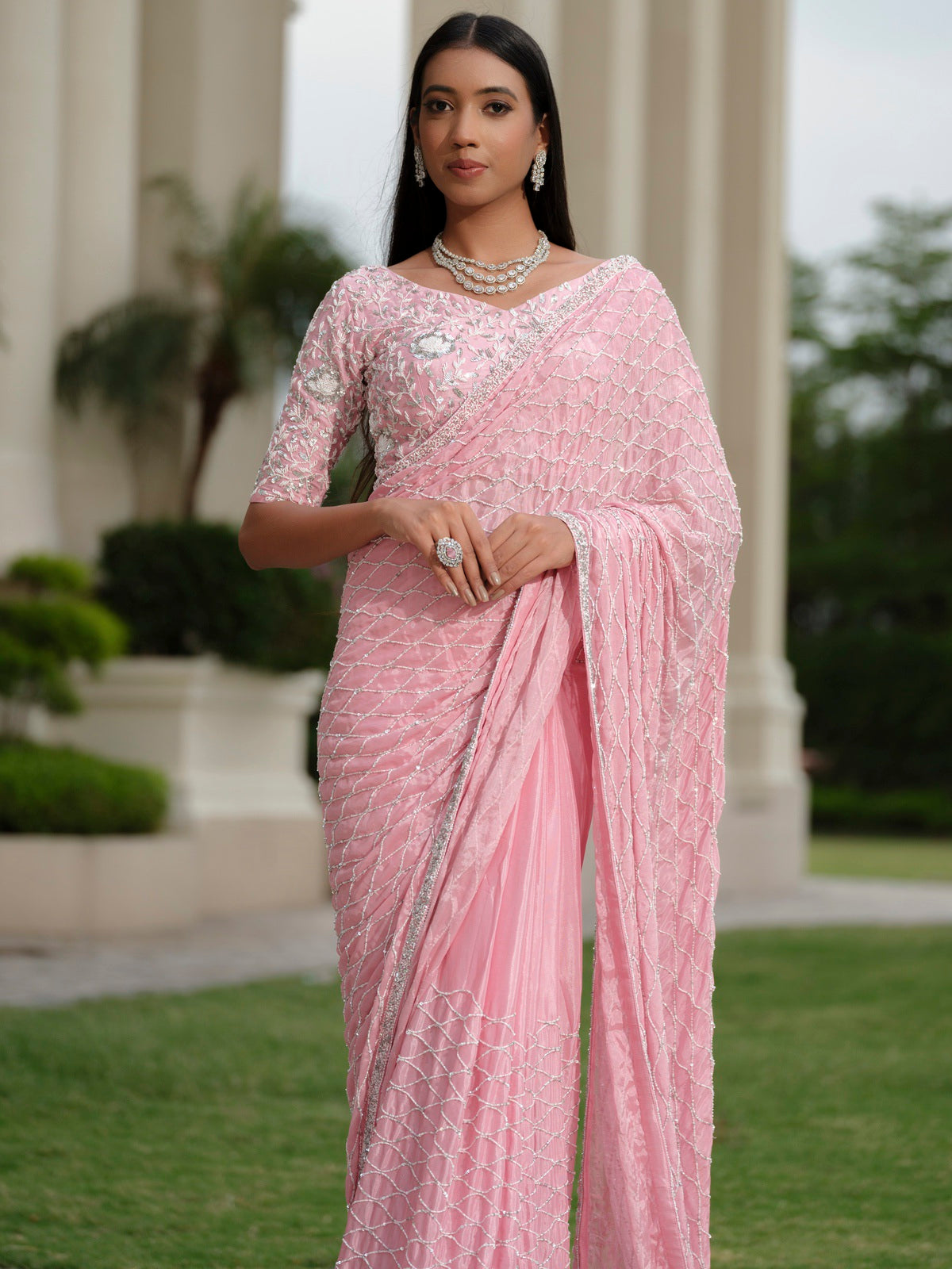 Powder Pink Moss Crepe with Sequins Work