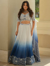 White Blue Ombre Moss Crepe Lehenga with Organza Dupatta