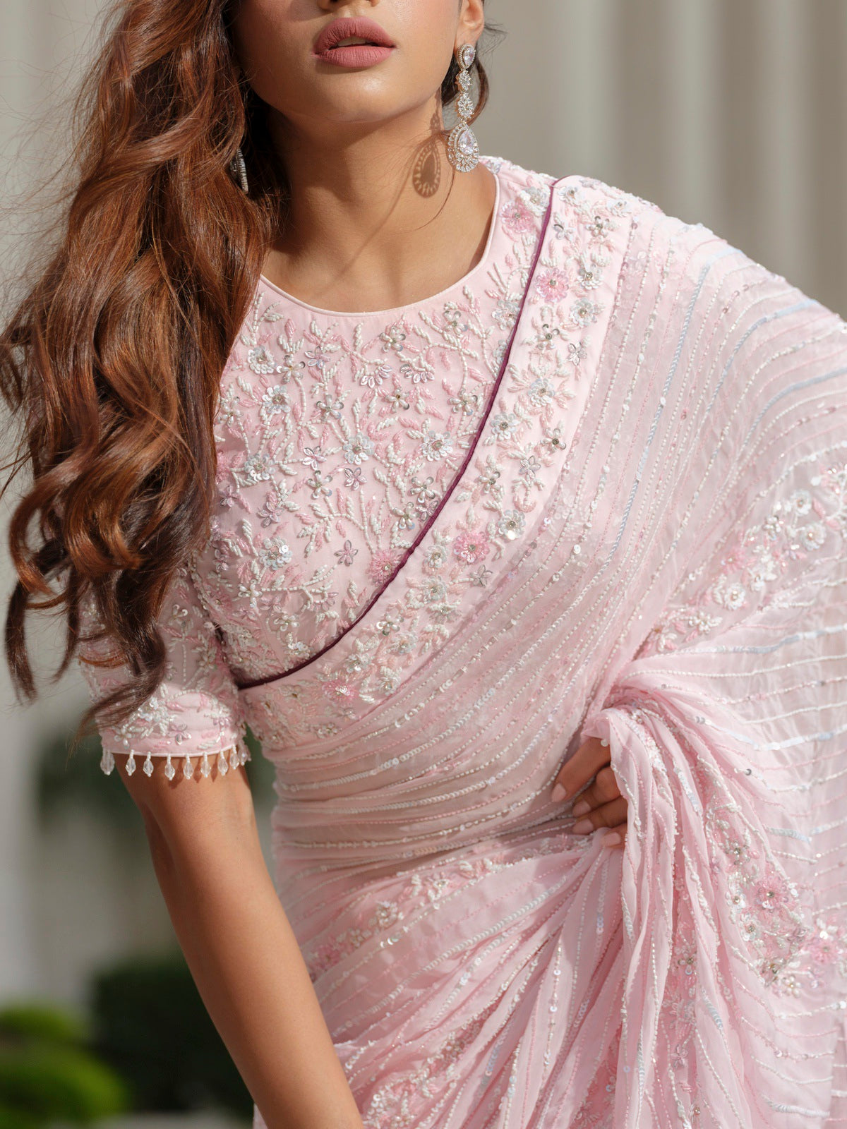 Powder Pink Moss Crepe Saree with Floral Blouse
