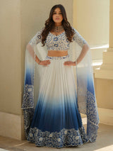 White Blue Ombre Moss Crepe Lehenga with Organza Dupatta